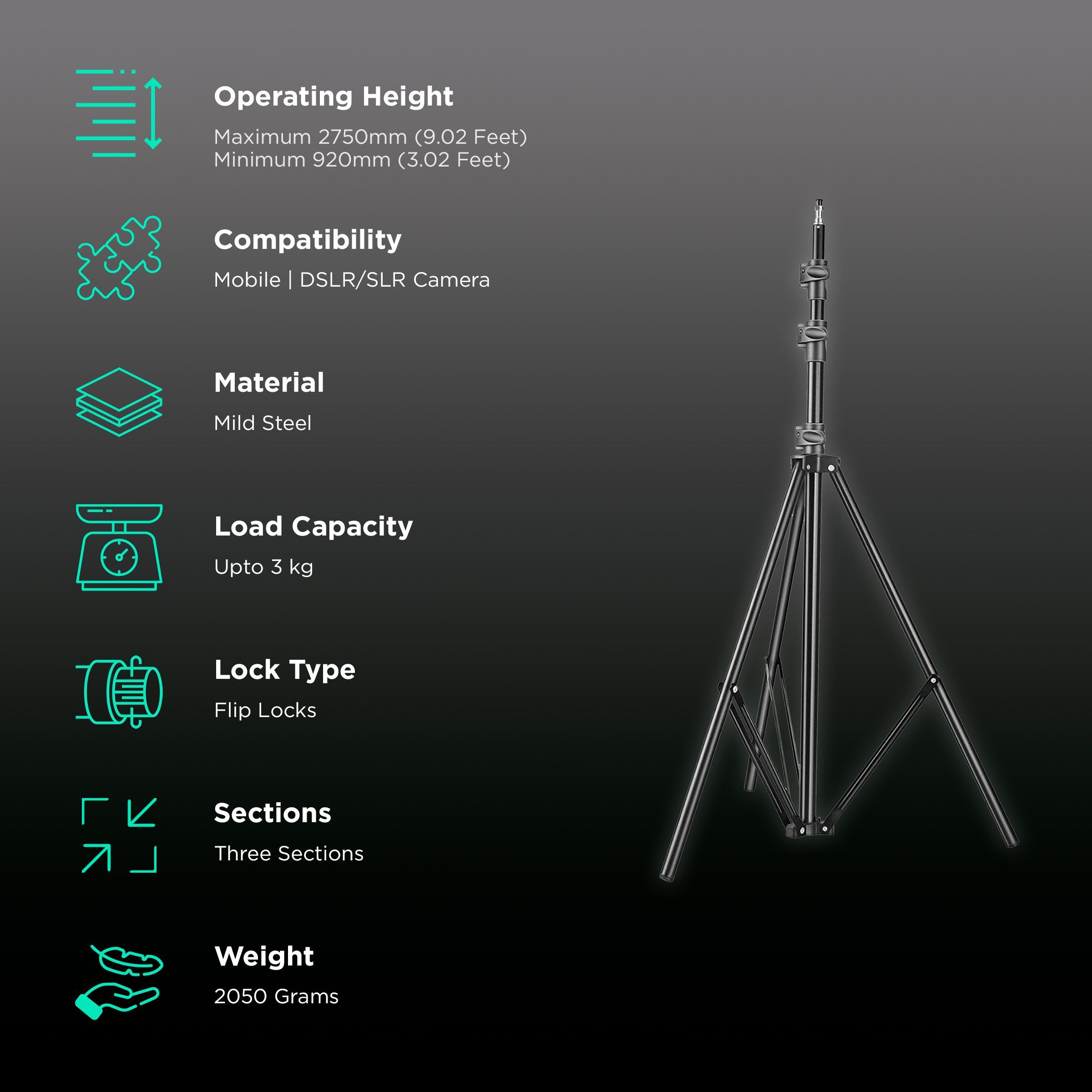 DigiTek DLS 009 FT 275cm Adjustable Tripod for Mobile and Camera (Shock Absorption Spring Mechanism, Black)_2