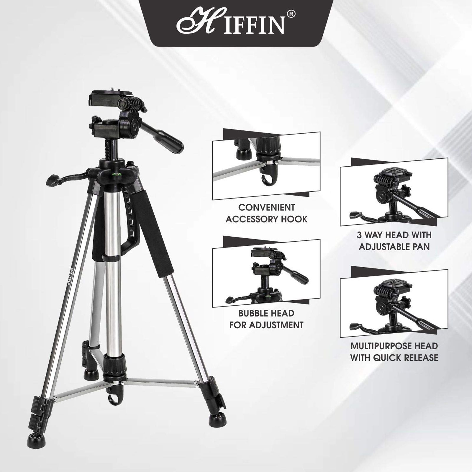 HIFFIN HF-1200 140cm Adjustable Tripod for Mobile and Camera (Built-in Bubble Head, Black)_10