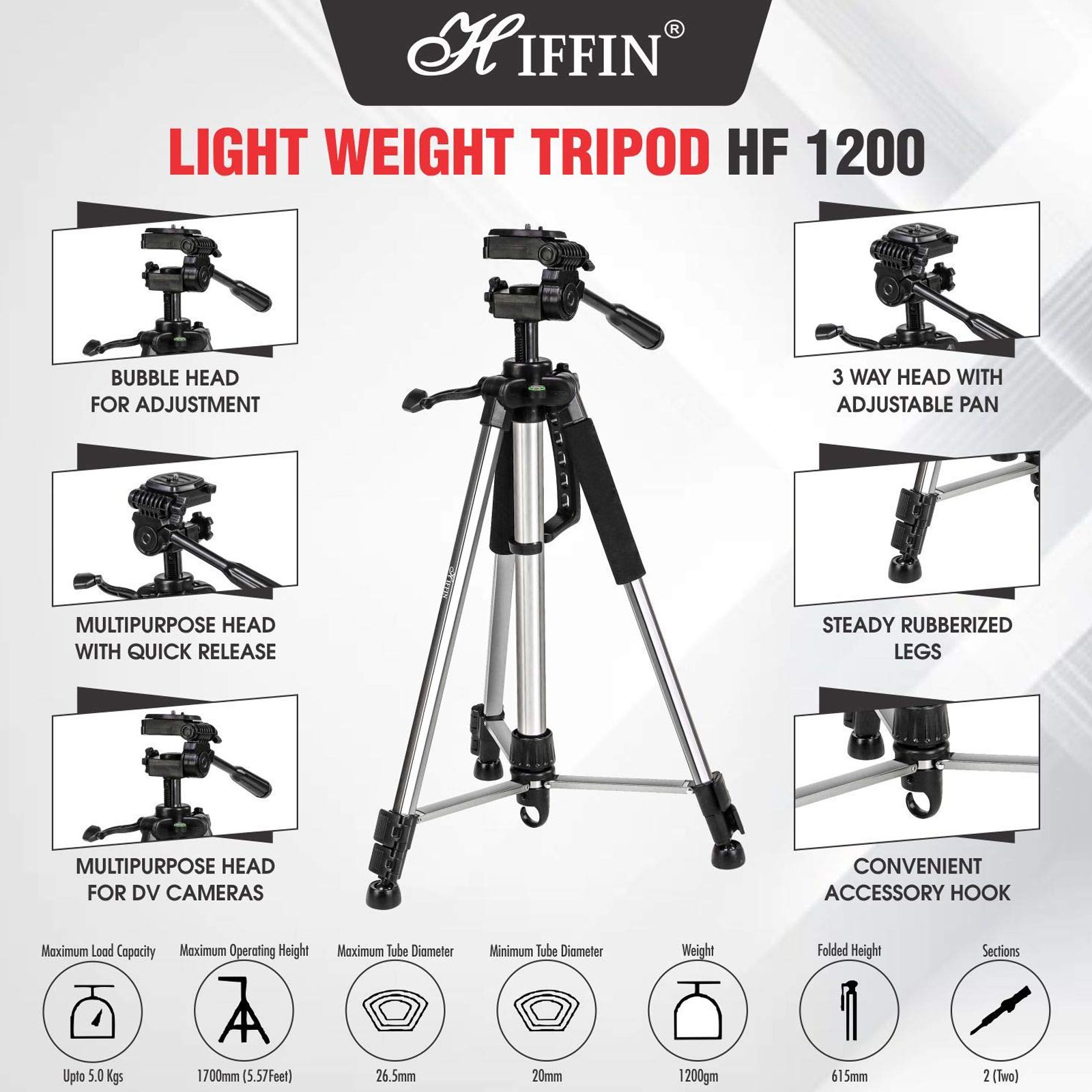 HIFFIN HF-1200 140cm Adjustable Tripod for Mobile and Camera (Built-in Bubble Head, Black)_11