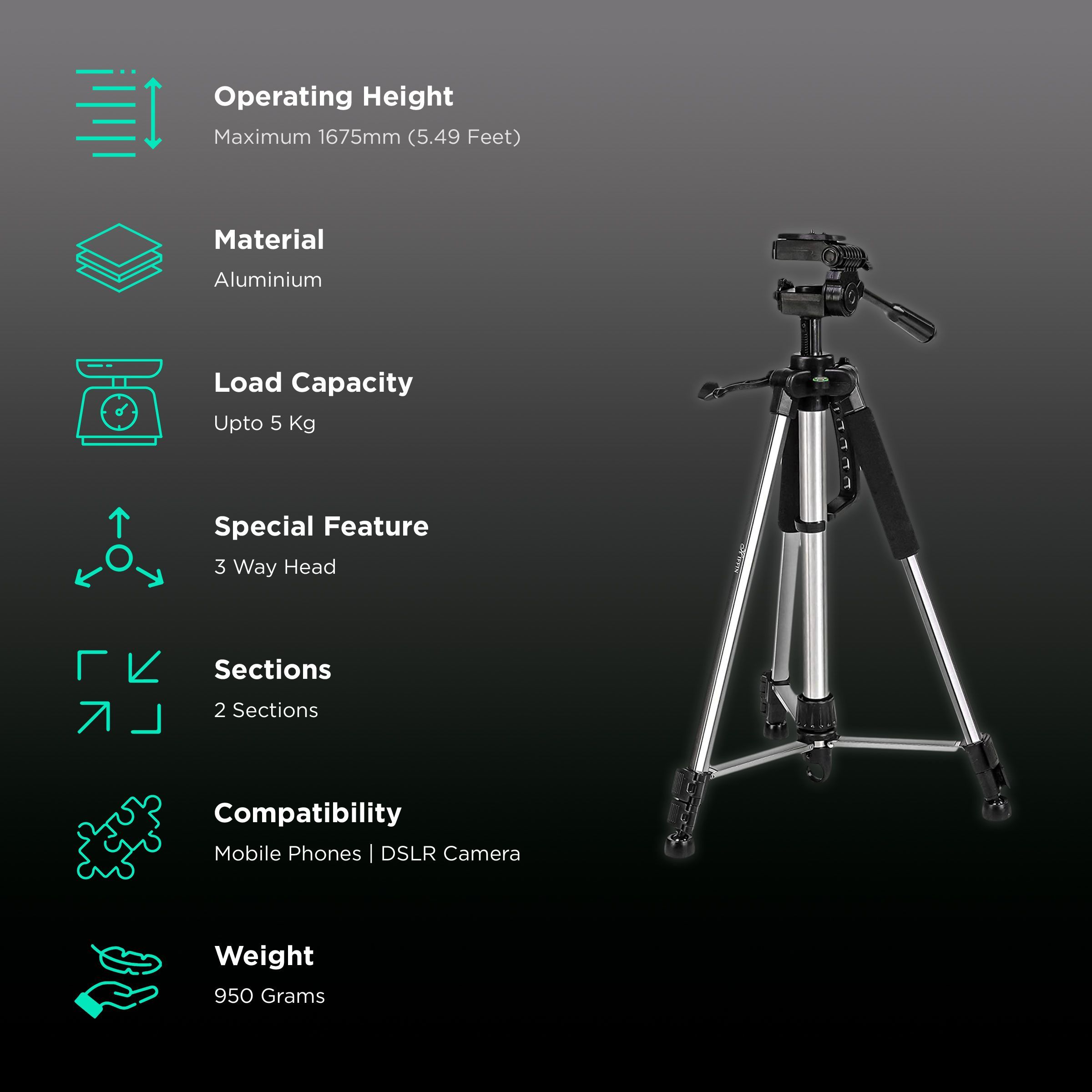HIFFIN HF-1200 140cm Adjustable Tripod for Mobile and Camera (Built-in Bubble Head, Black)_2