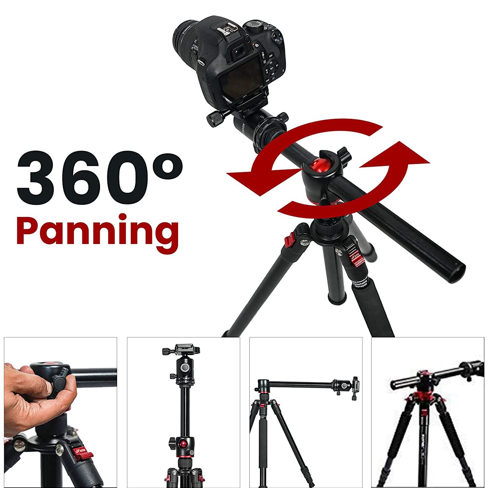 HIFFIN HF-550 165.1cm Adjustable Tripod for Camera (360 Degree Ball Head, Black)_6