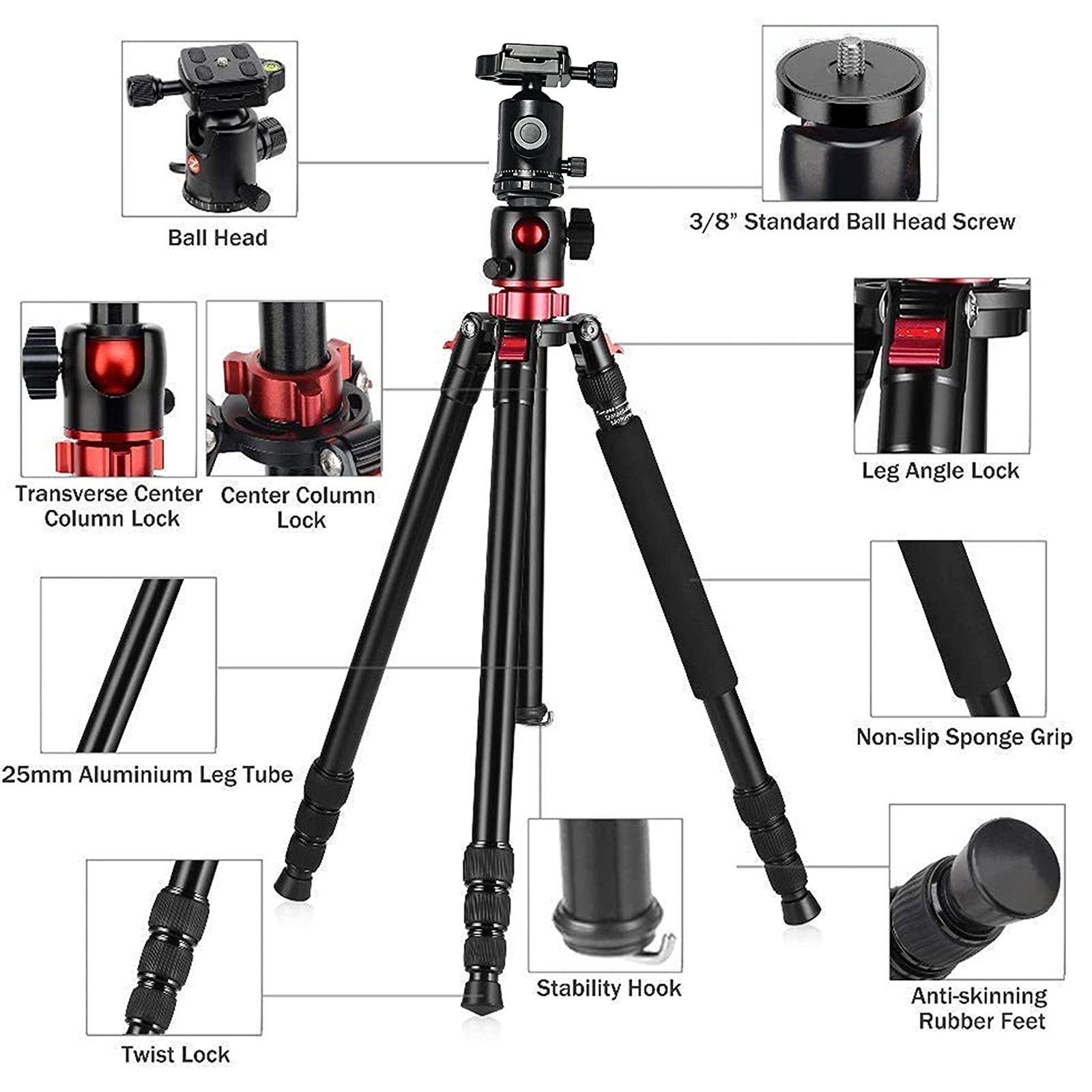 HIFFIN HF-550 165.1cm Adjustable Tripod for Camera (360 Degree Ball Head, Black)_7