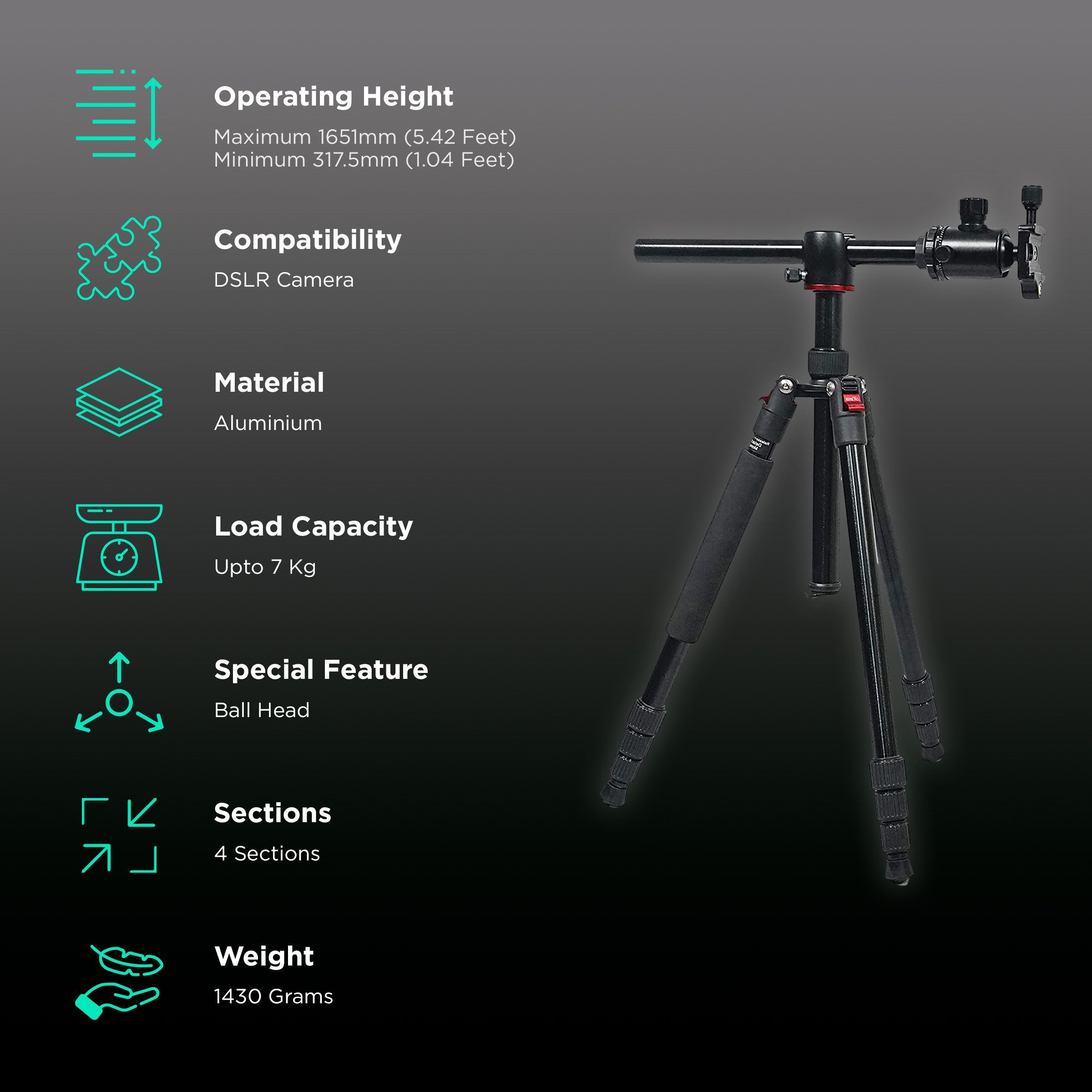 HIFFIN HF-550 165.1cm Adjustable Tripod for Camera (360 Degree Ball Head, Black)_2