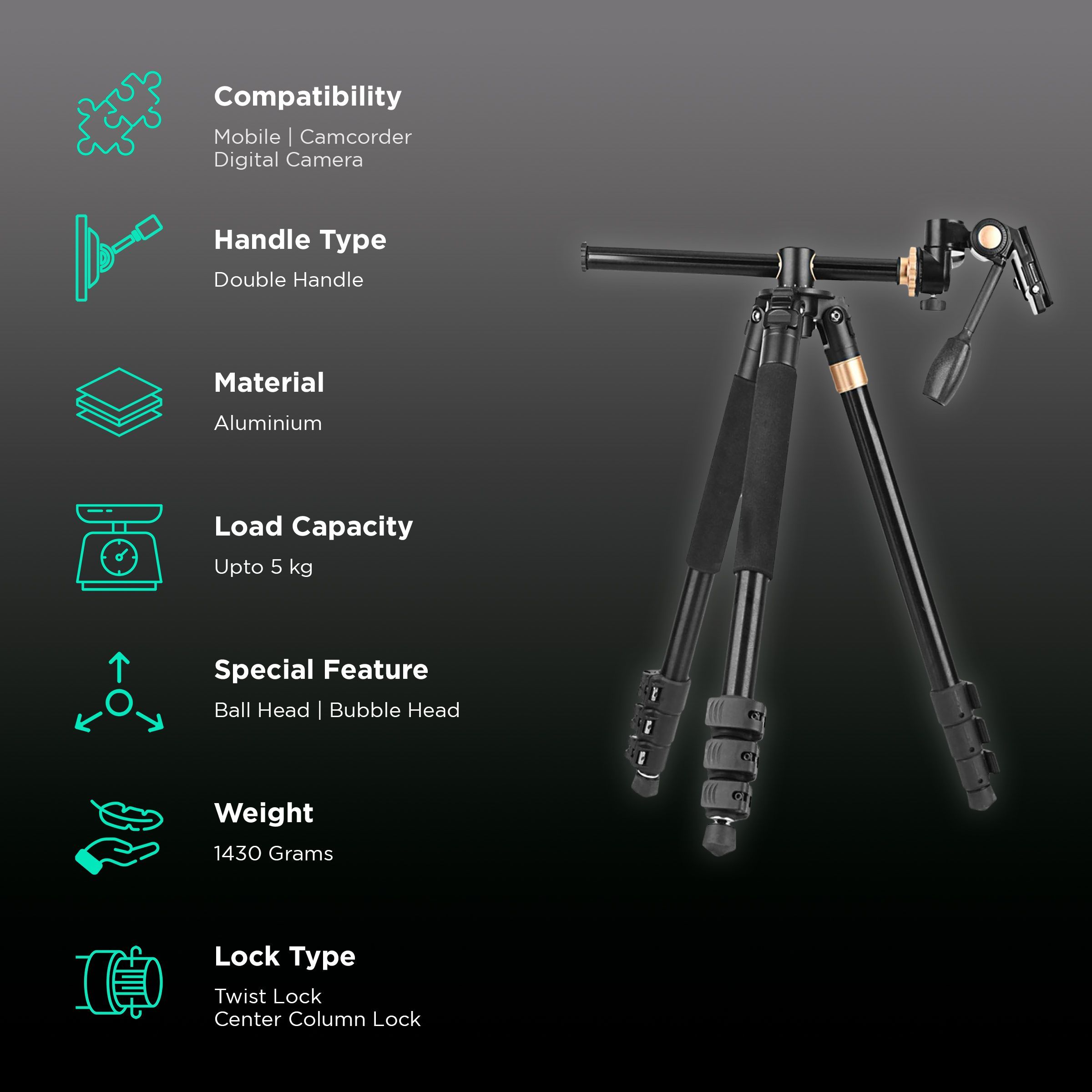 HIFFIN HF-999 183cm Adjustable Tripod for Mobile and Camera (360 Degree Panning Bed, Black) HIFFIN HF-999 183cm Adjustable Tripod for Mobile and Camera (360 Degree Panning Bed, Black)_2