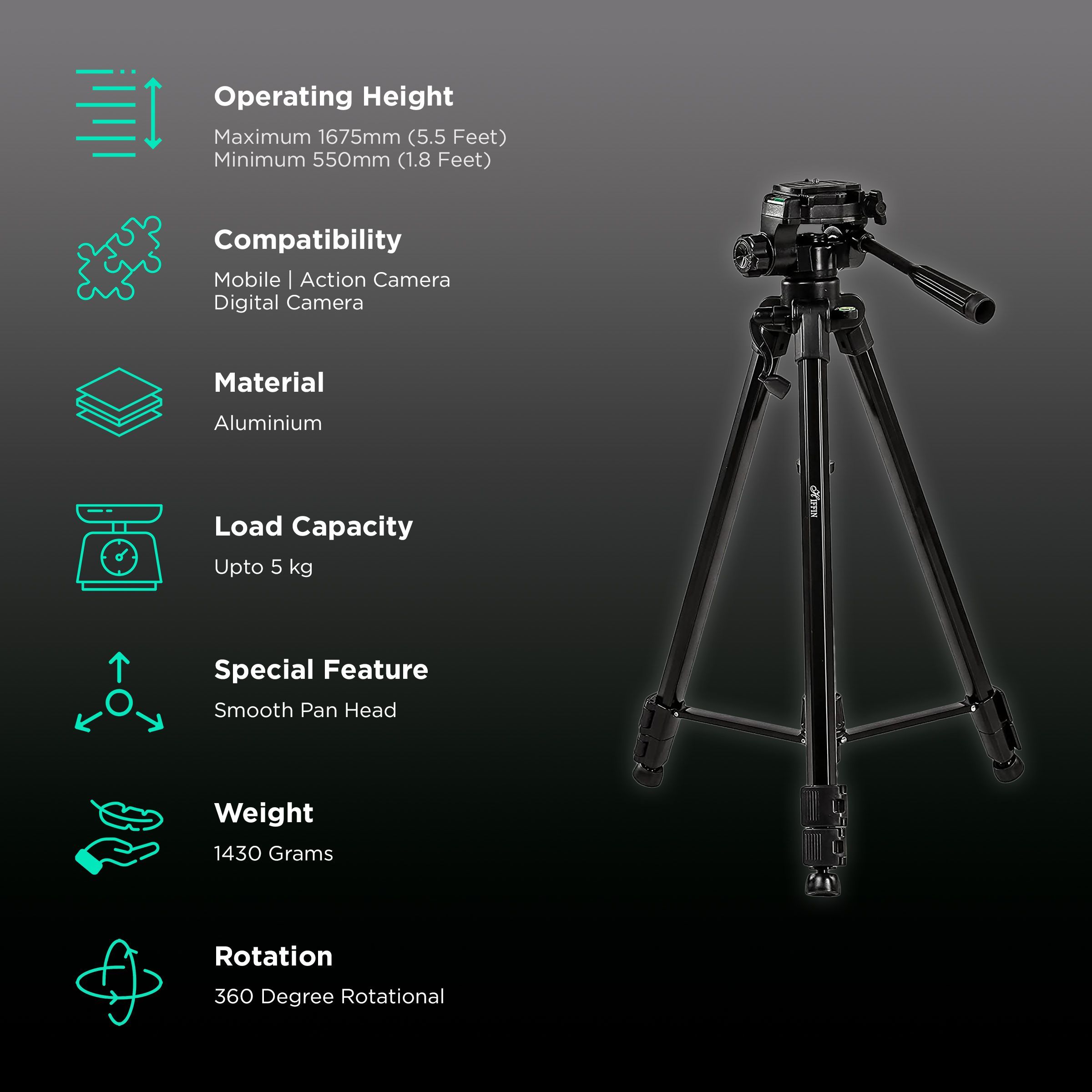 HIFFIN HF-3600 170cm Adjustable Tripod for Mobile and Camera (Clip Lock, Black) HIFFIN HF-3600 170cm Adjustable Tripod for Mobile and Camera (Clip Lock, Black)_2