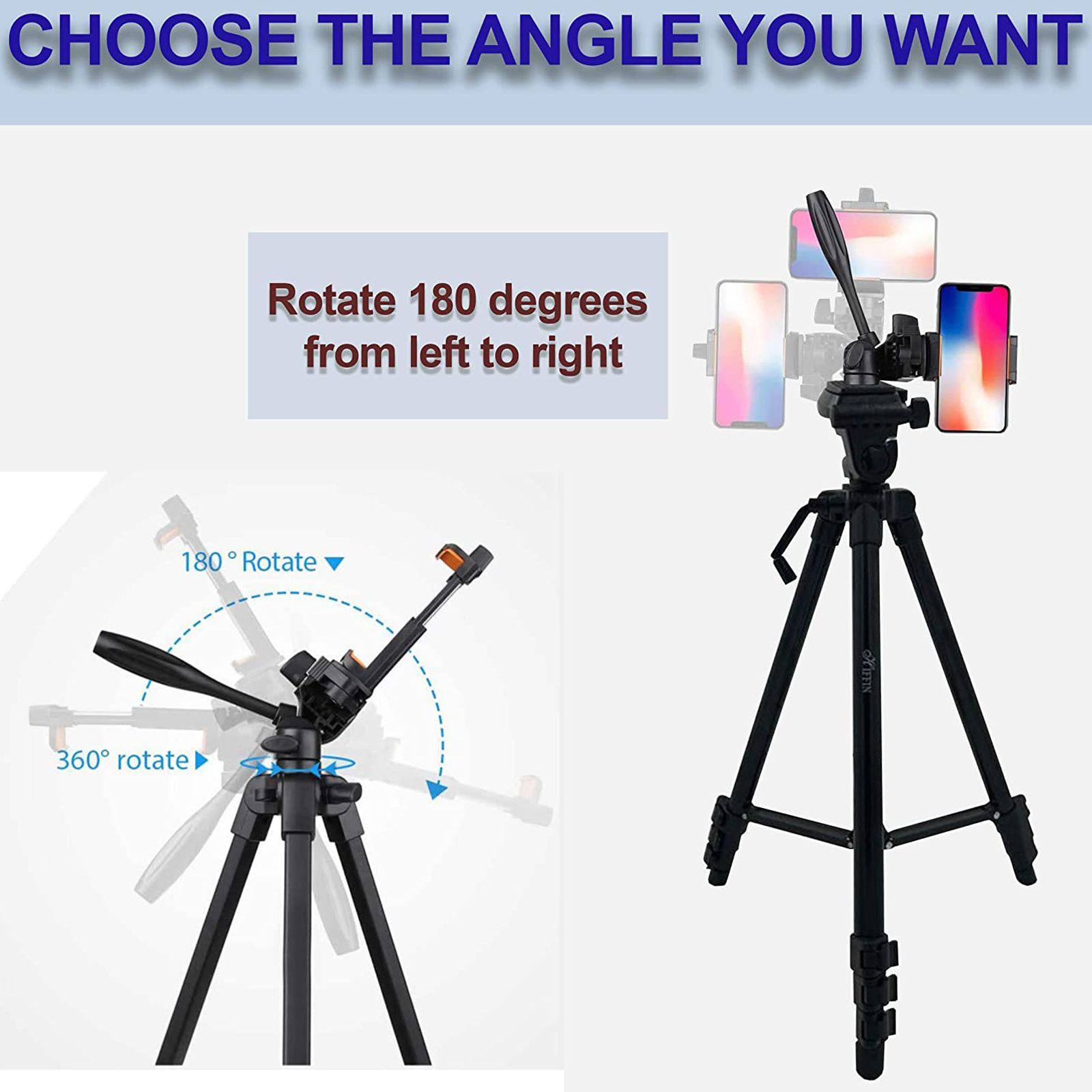 HIFFIN HF-2111 167.5cm Adjustable Tripod for Mobile and Camera (360 Degree Panhead Lock Knob, Black)_8