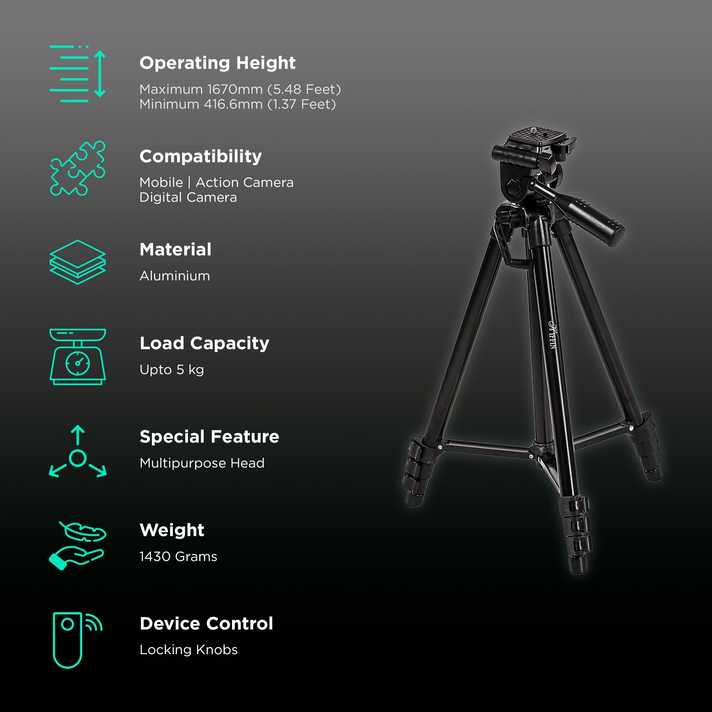 HIFFIN HF-2111 167.5cm Adjustable Tripod for Mobile and Camera (360 Degree Panhead Lock Knob, Black)_2