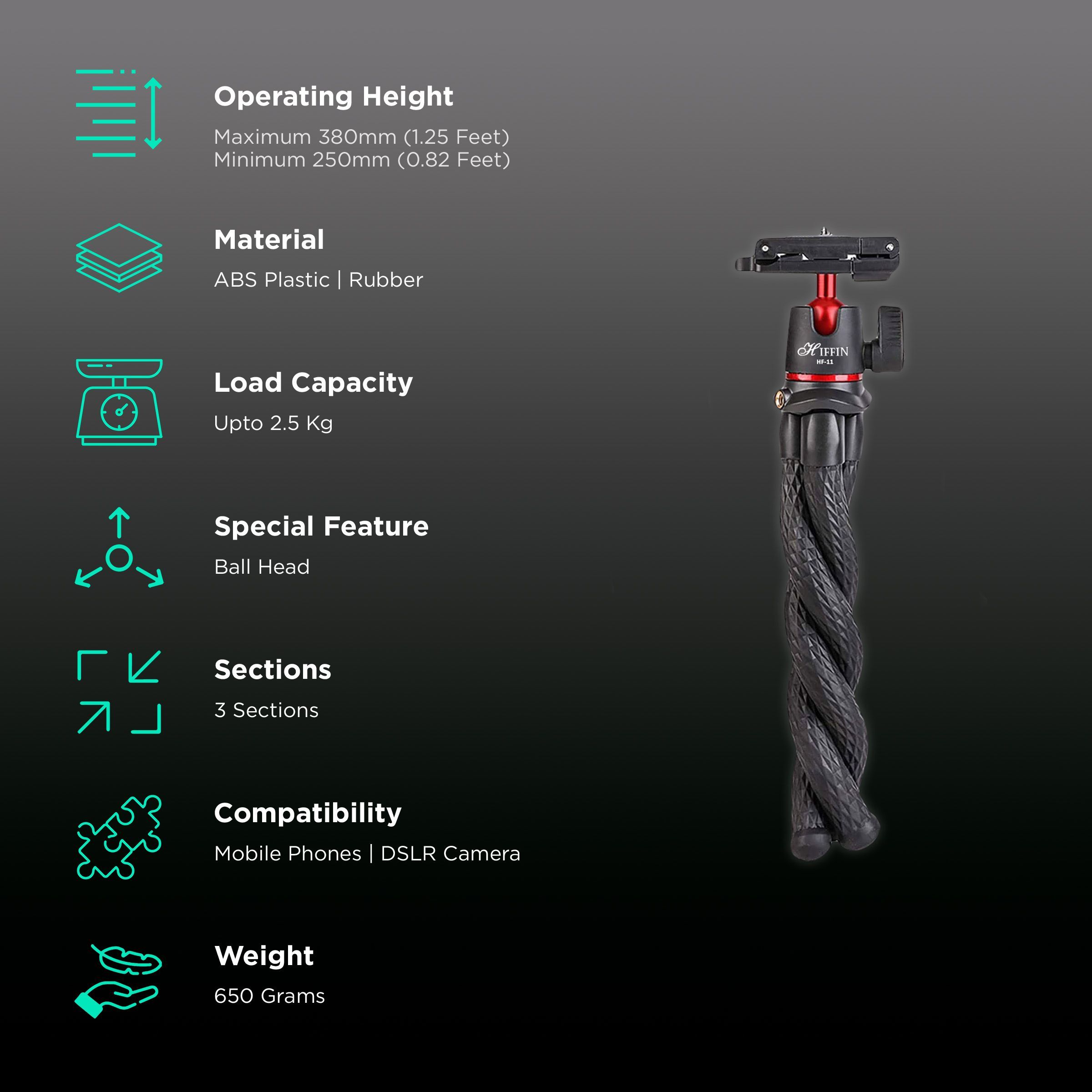 HIFFIN HF-11 38cm Adjustable Tripod for Mobile and Camera (360 Degree Rotatable, Black)_2