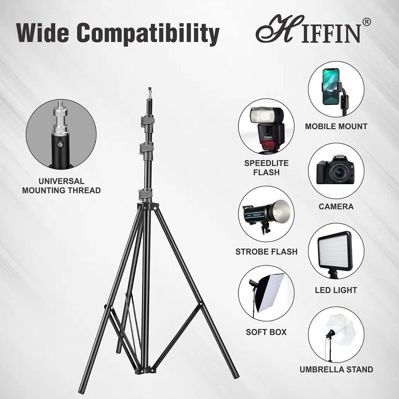HIFFIN HF-9FT 274.32cm Adjustable Tripod for Mobile and Camera (Shock Absorption Spring Mechanism, Black)_7