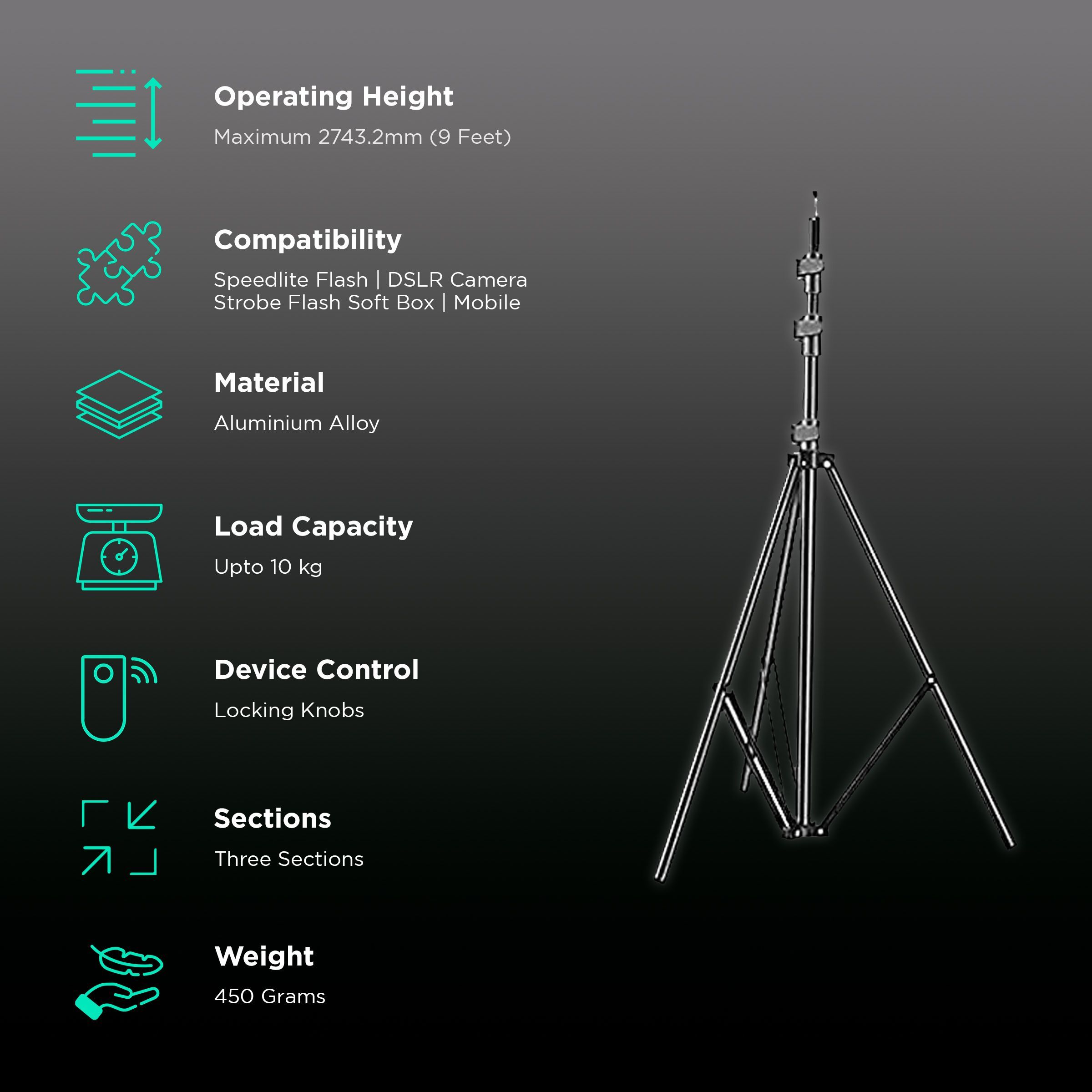 HIFFIN HF-9FT 274.32cm Adjustable Tripod for Mobile and Camera (Shock Absorption Spring Mechanism, Black)_2