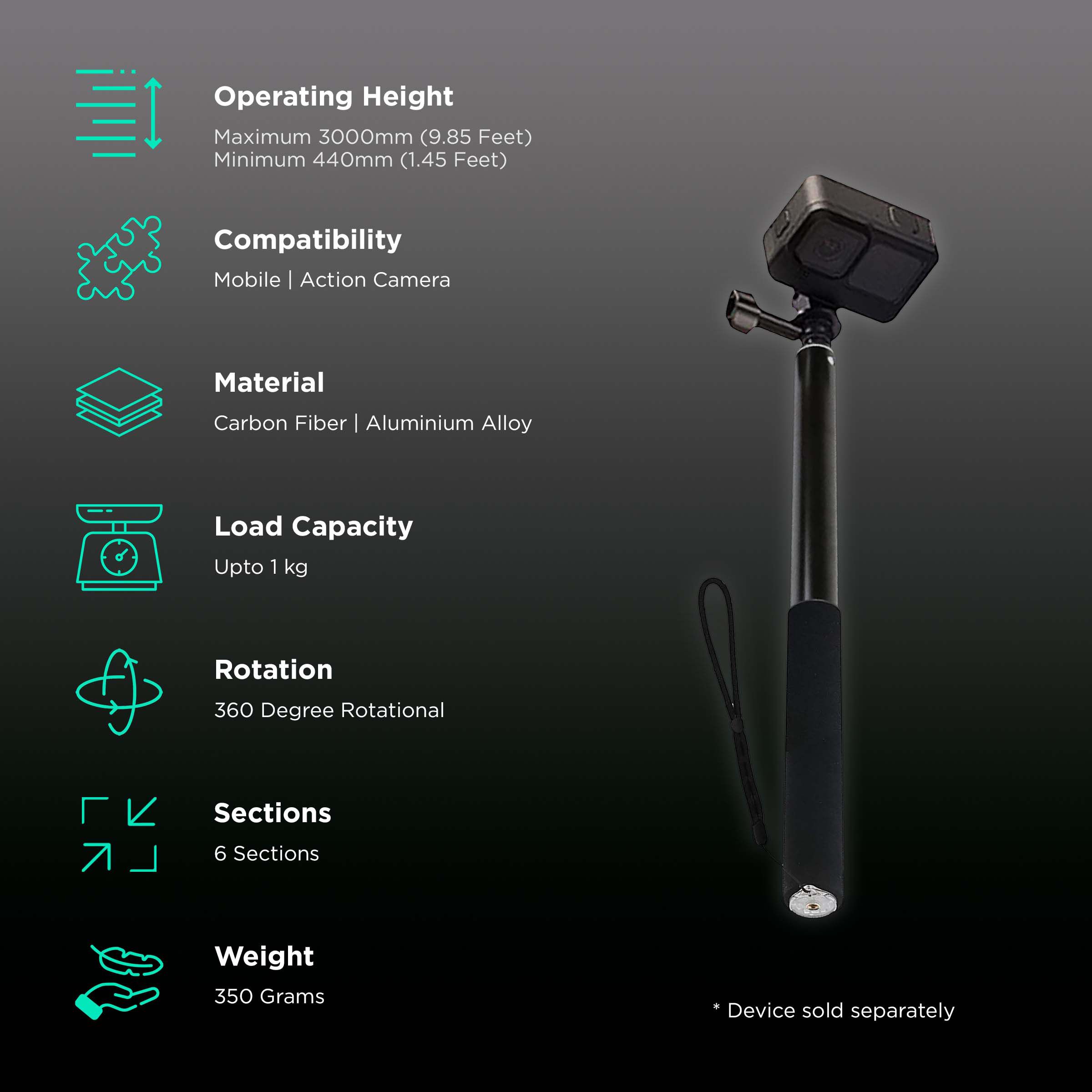 HIFFIN 300cm Adjustable Selfie Stick for Mobile and Camera (360 Degree Rotation, Black)_2