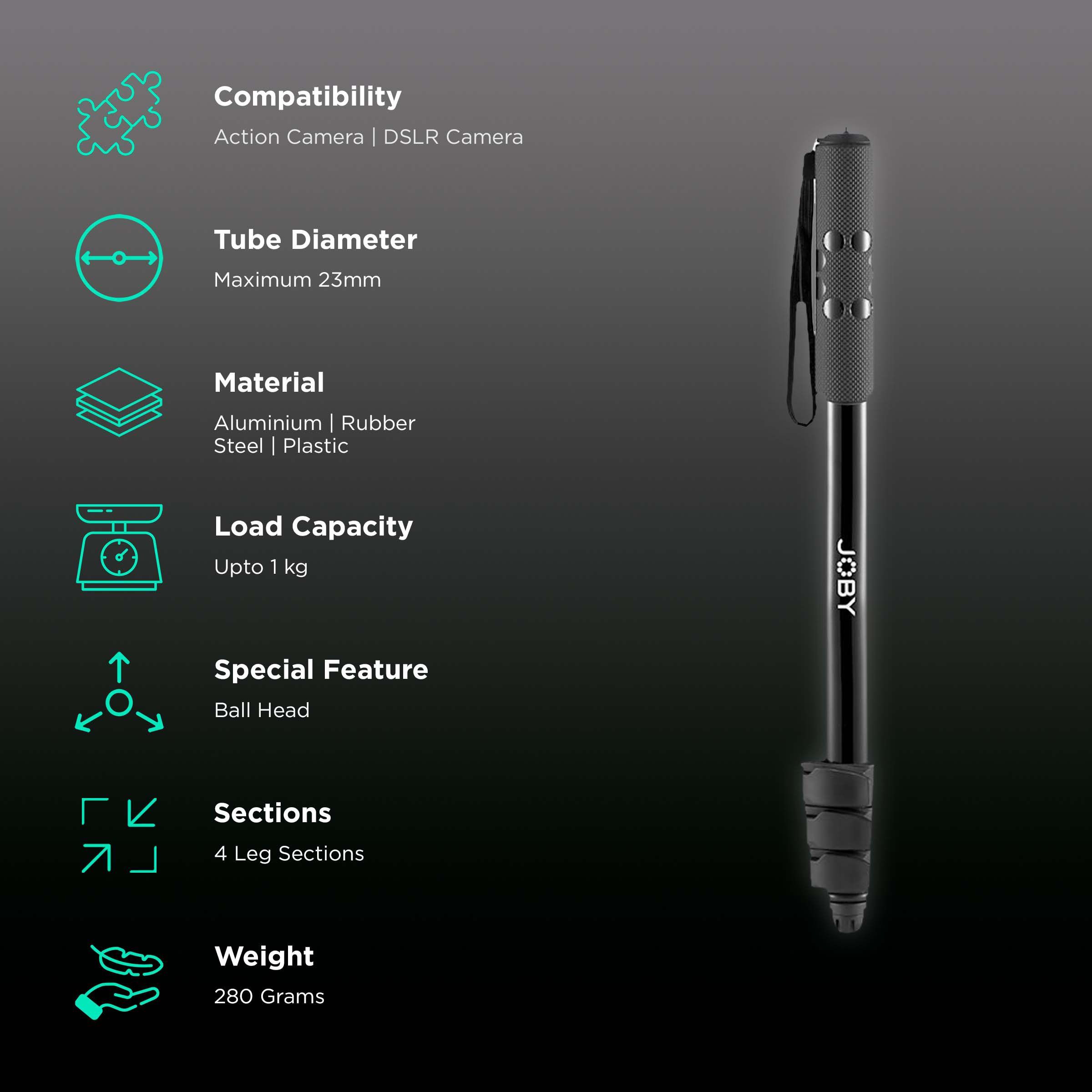 JOBY Compact 135cm Adjustable Monopod for Camera (2 in 1, Black)_2