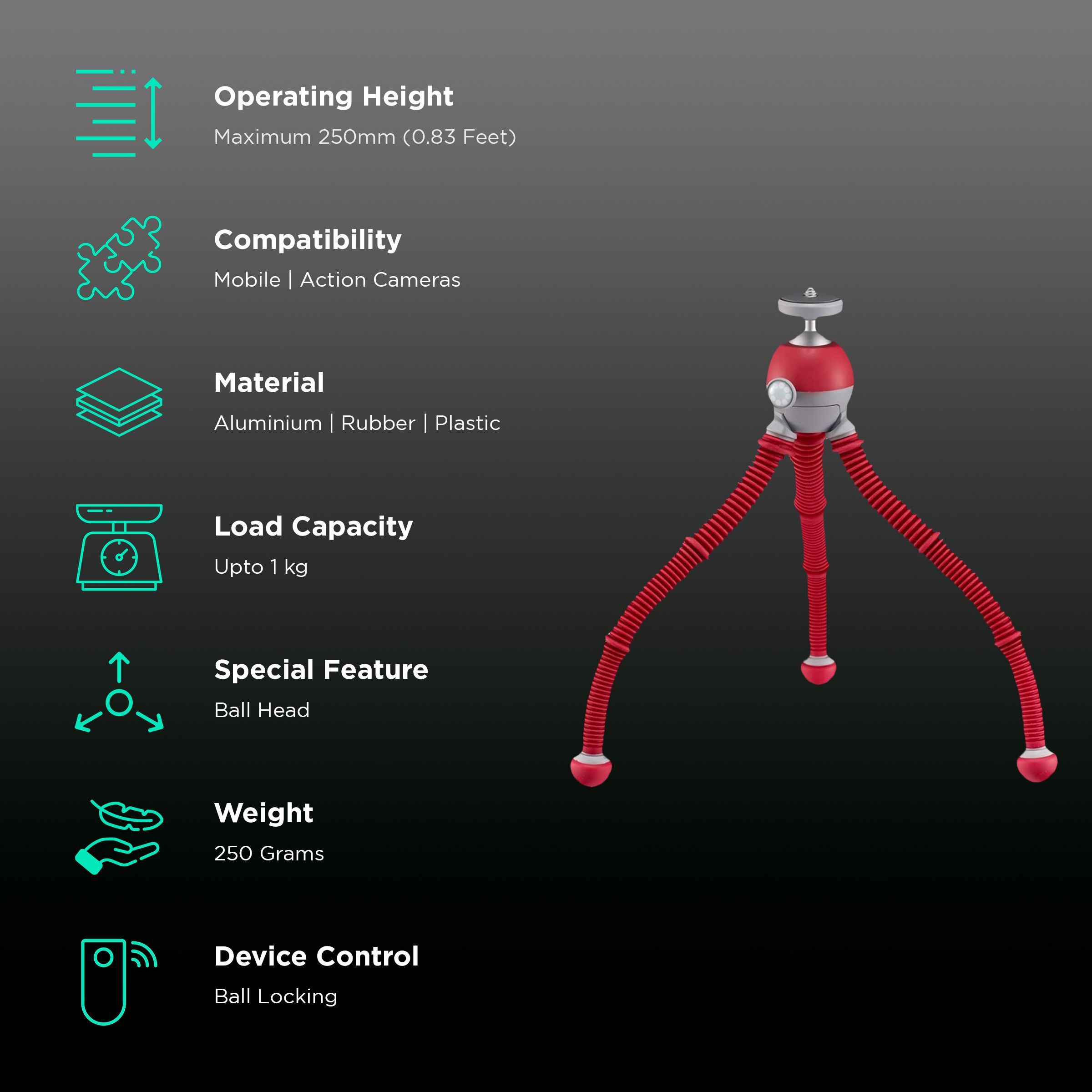 JOBY PodZilla 25cm Adjustable Tripod for Mobile and Camera (360 Degree GripTight, Red)_2