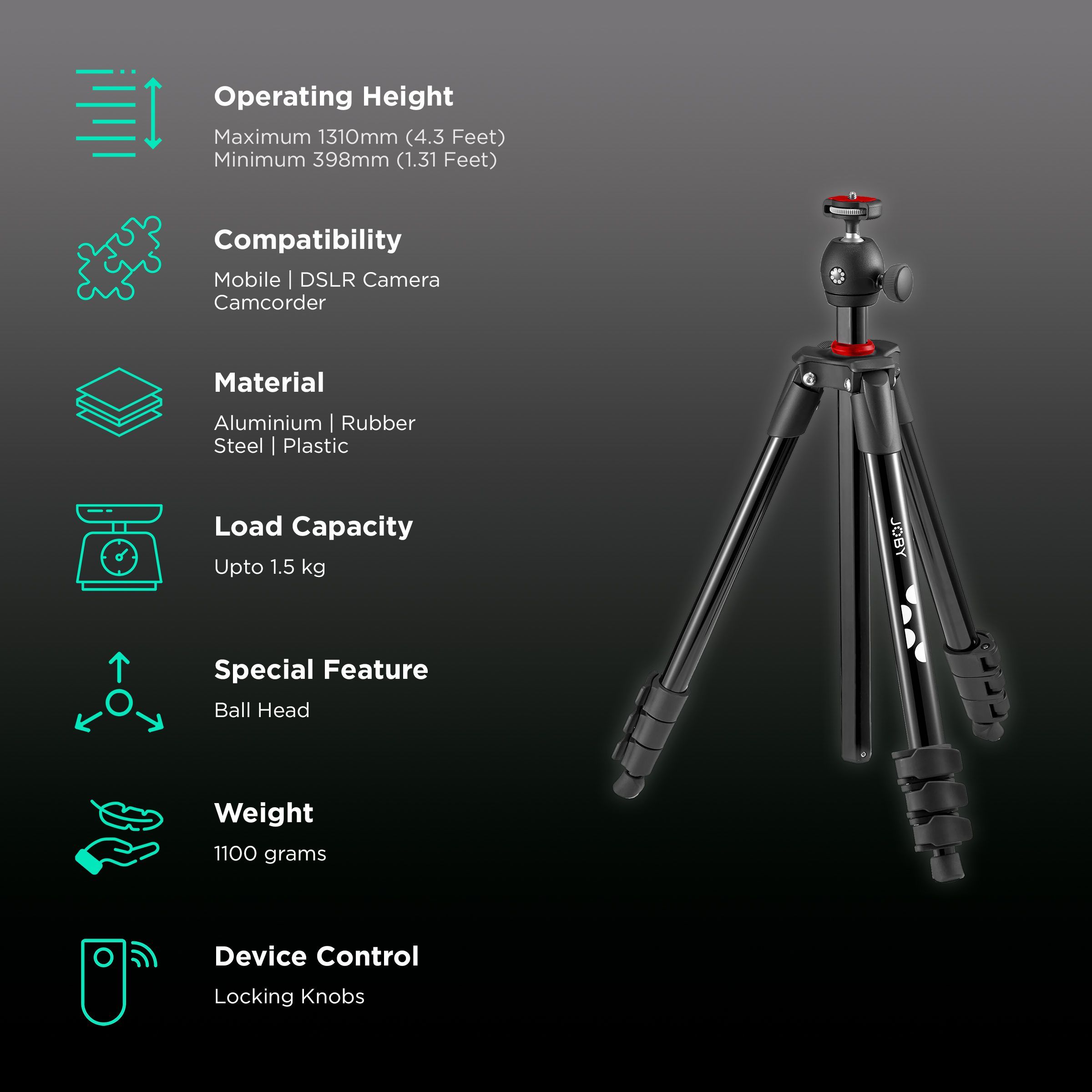 JOBY JB01760-BWW 131cm Adjustable Tripod for Mobile and Camera (Knob Locking Mechanism, Black)_2