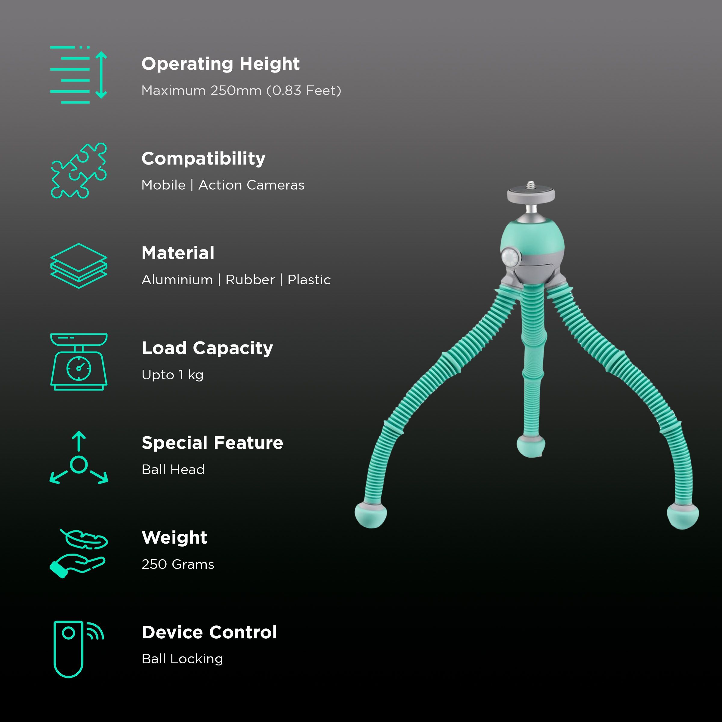 JOBY PodZilla 25cm Adjustable Tripod for Mobile and Camera (360 Degree GripTight, Teal)_2