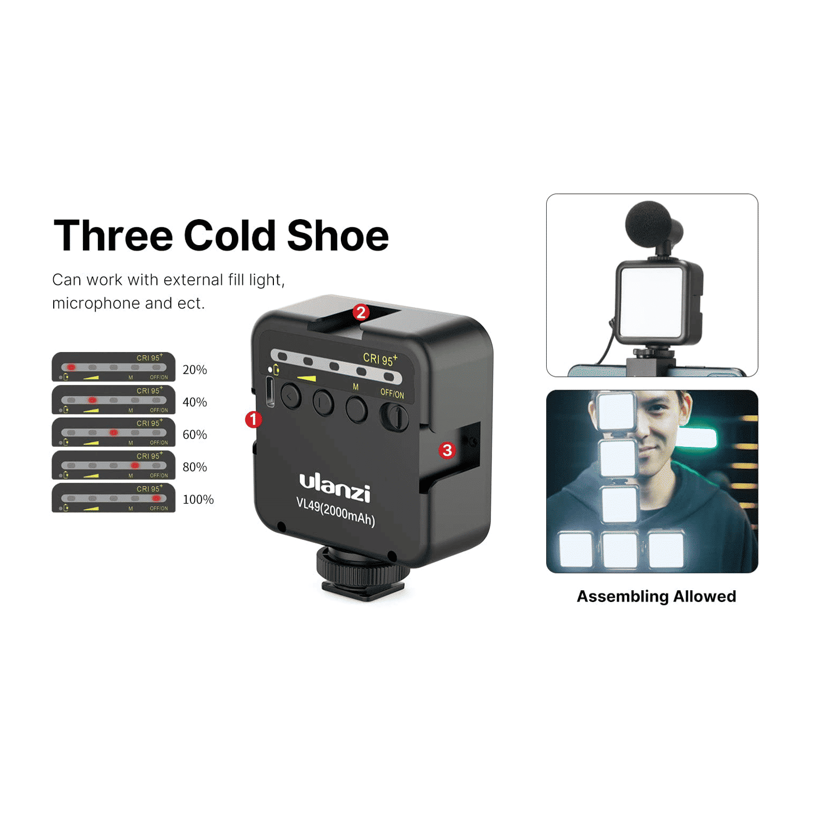 HIFFIN Ulanzi 26.9cm Adjustable Mini Tripod for Mobile (VL-49 LED Light, Black)_6