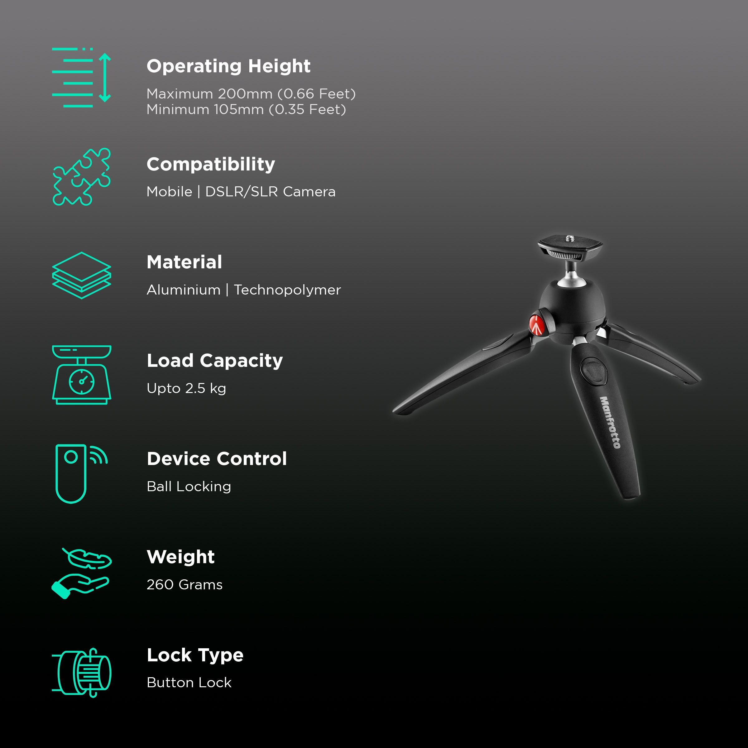 Manfrotto PIXI EVO 2-Section 20cm Adjustable Mini Tripod for Mobile and Camera (90 Degree Tilt, Black)_2