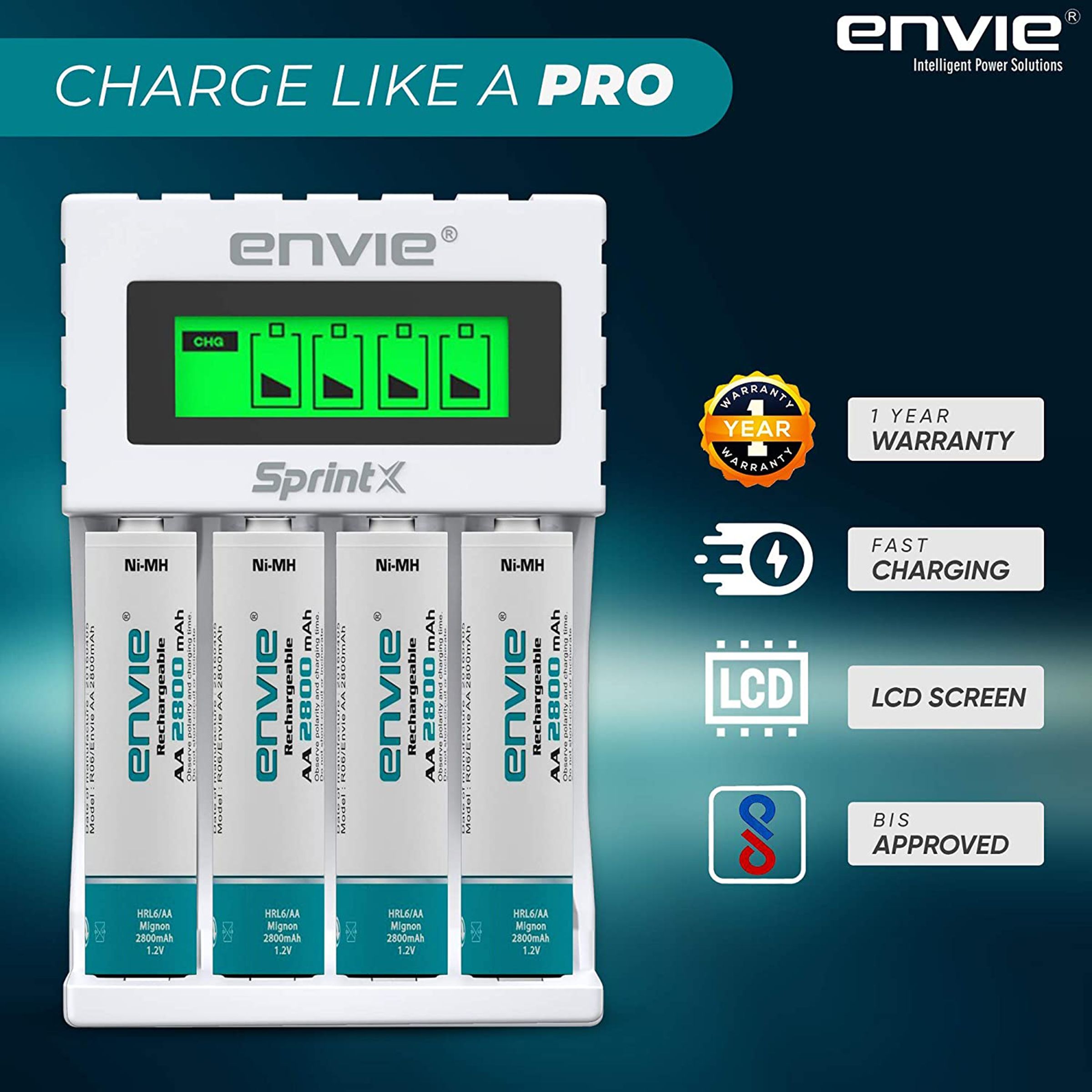 envie SprintX ECR11 MC Fast Camera Battery Charger Combo for 28004PL (4-Ports, LCD Display)_4
