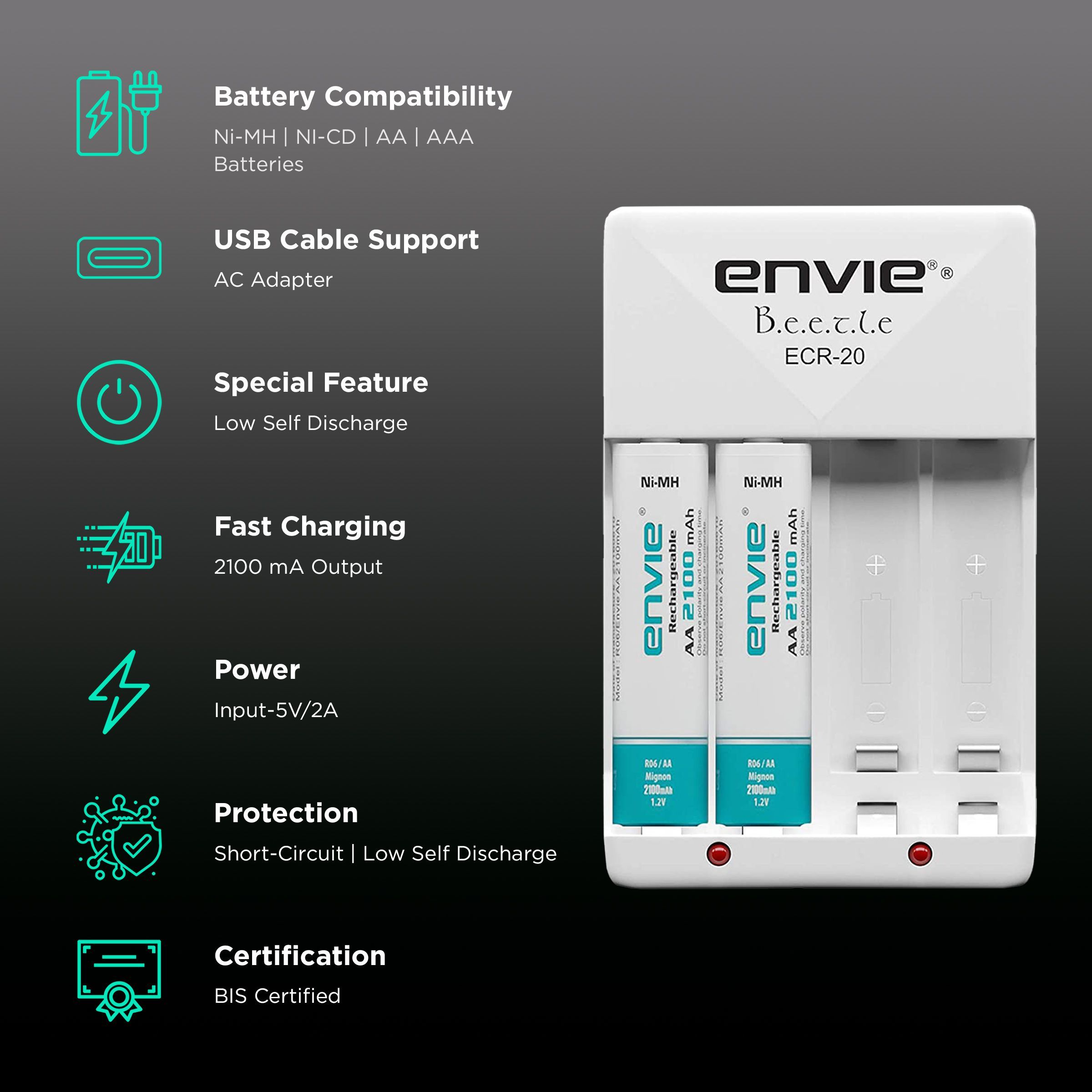 envie Beetle ECR-20 Camera Battery Charger Combo for AA21002PL (4-Ports, Short Circuit Protection)_2