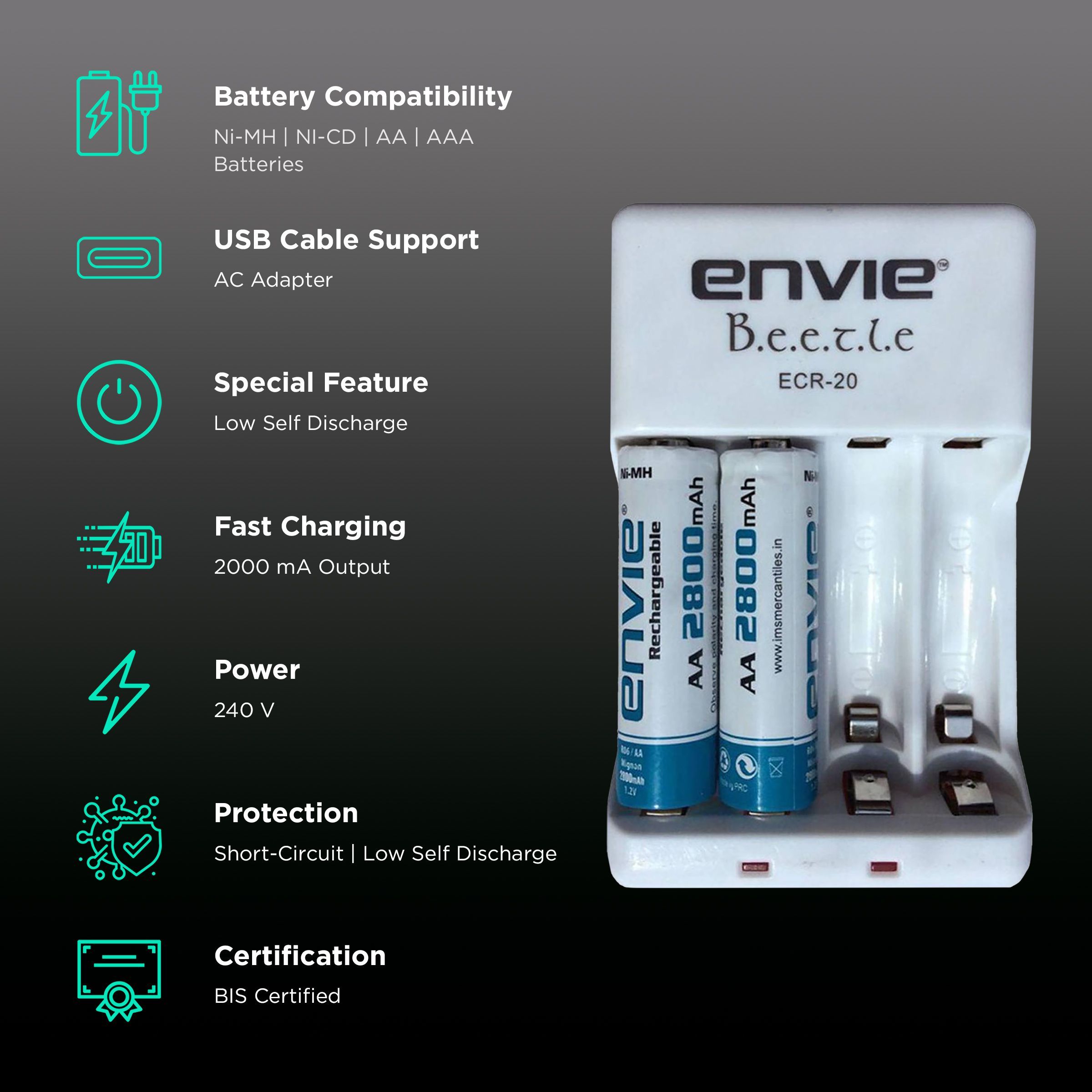 envie Beetle ECR-20 Camera Battery Charger Combo for 28002PL (4-Ports, Short Circuit Protection)_2
