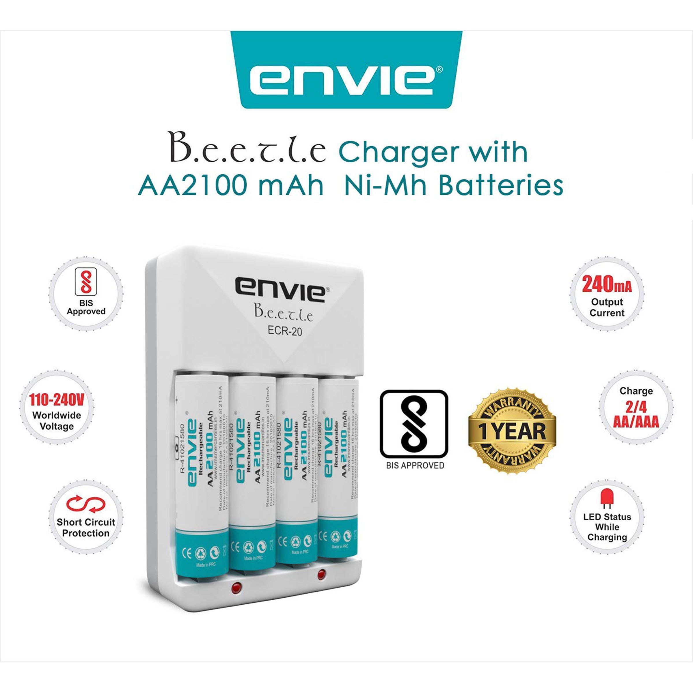 envie Beetle ECR-20 Camera Battery Charger Combo for AA28004PL (4-Ports, Short Circuit Protection)_7