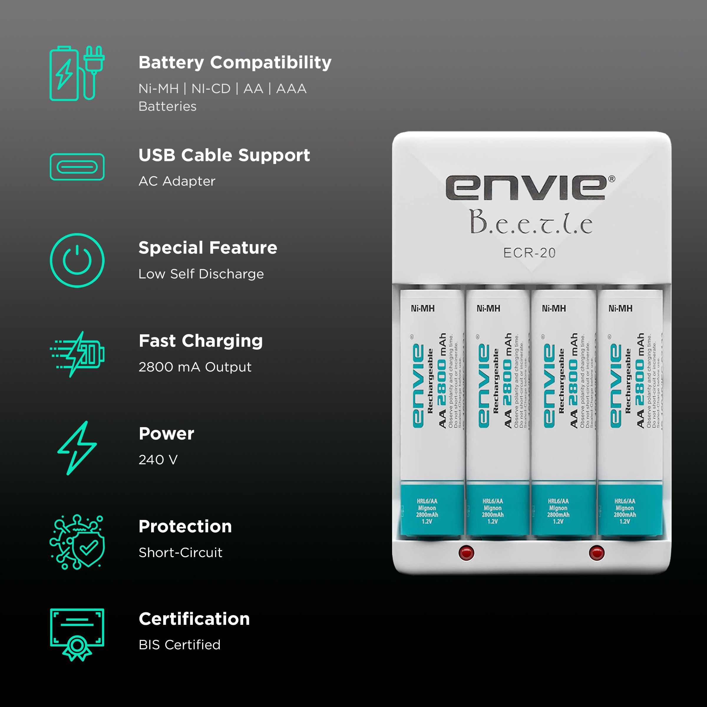 envie Beetle ECR-20 Quick Camera Battery Charger Combo for AA28004PL (4-Ports, Short Circuit Protection)_2