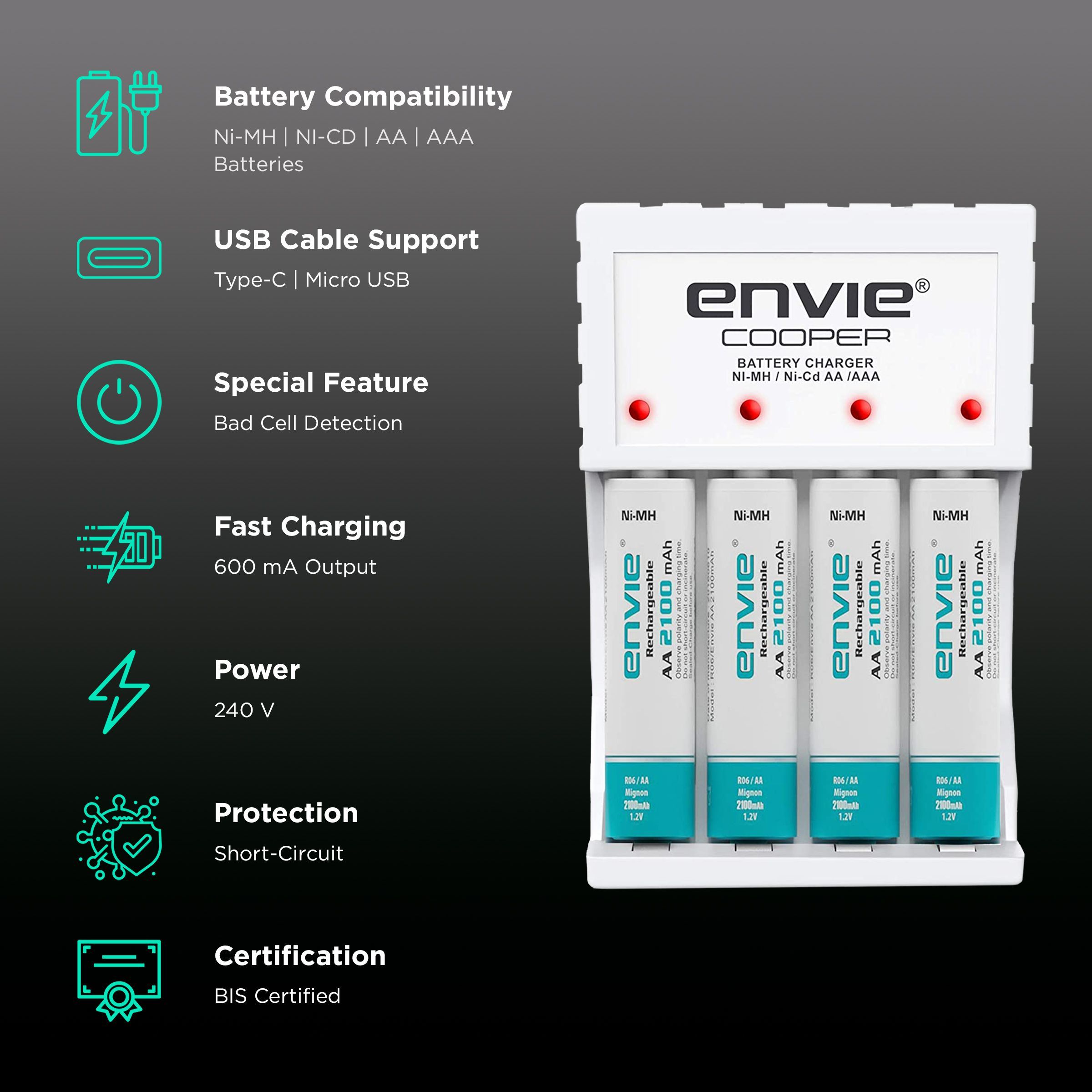 envie Cooper ECR-20 MC Camera Battery Charger Combo for AA2100 (4-Ports, Short Circuit Protection)_2