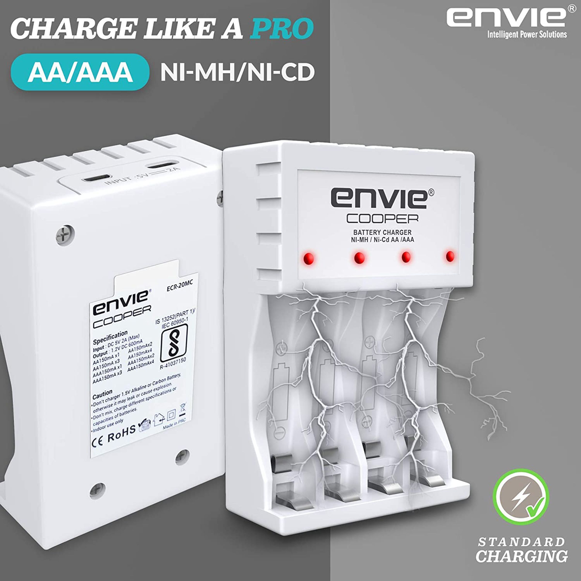 envie Cooper ECR-20 MC Camera Battery Charger Combo for AA2100 (4-Ports, Short Circuit Protection)_4