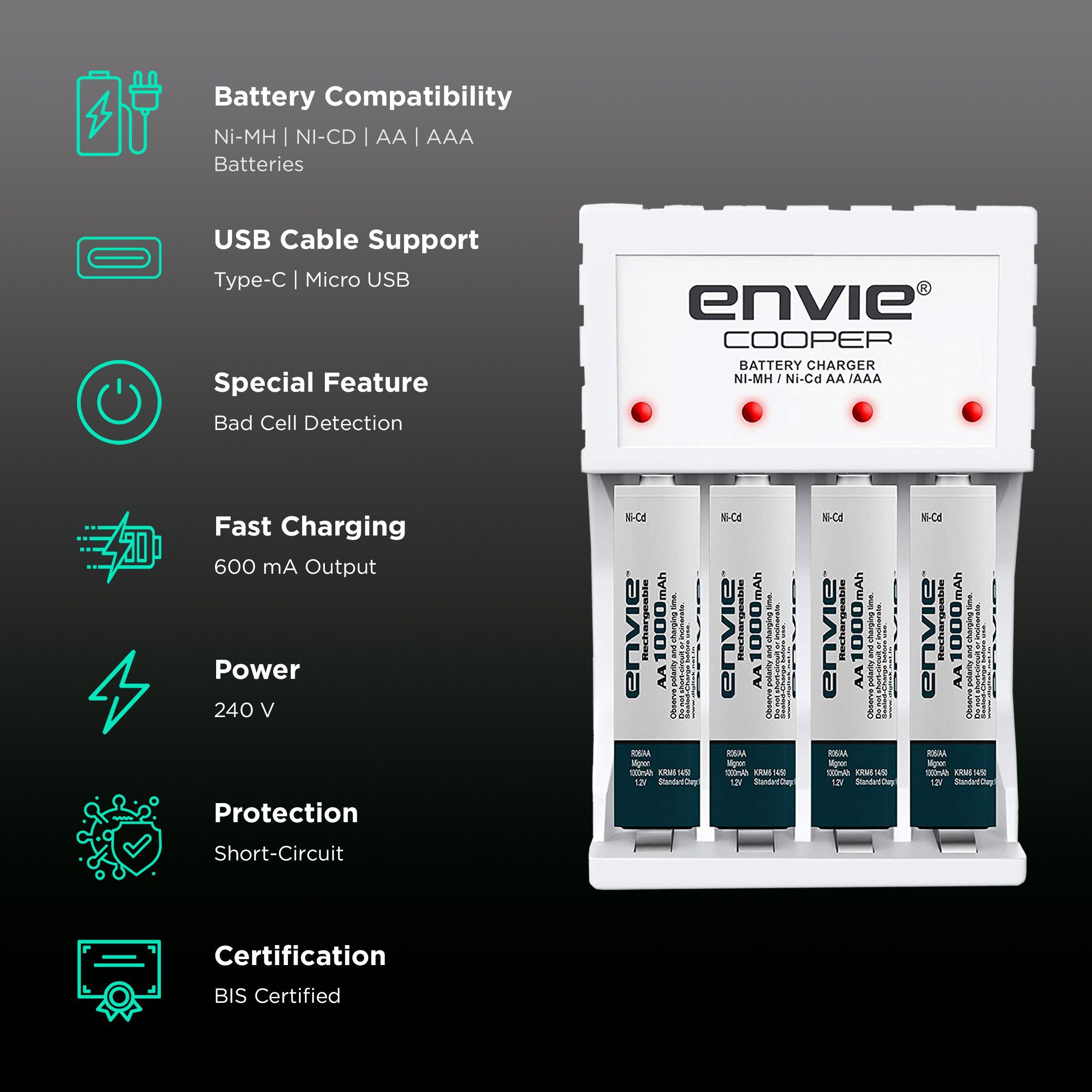 envie Cooper ECR-20 MC Camera Battery Charger Combo for AA1000 (4-Ports, Short Circuit Protection)_2