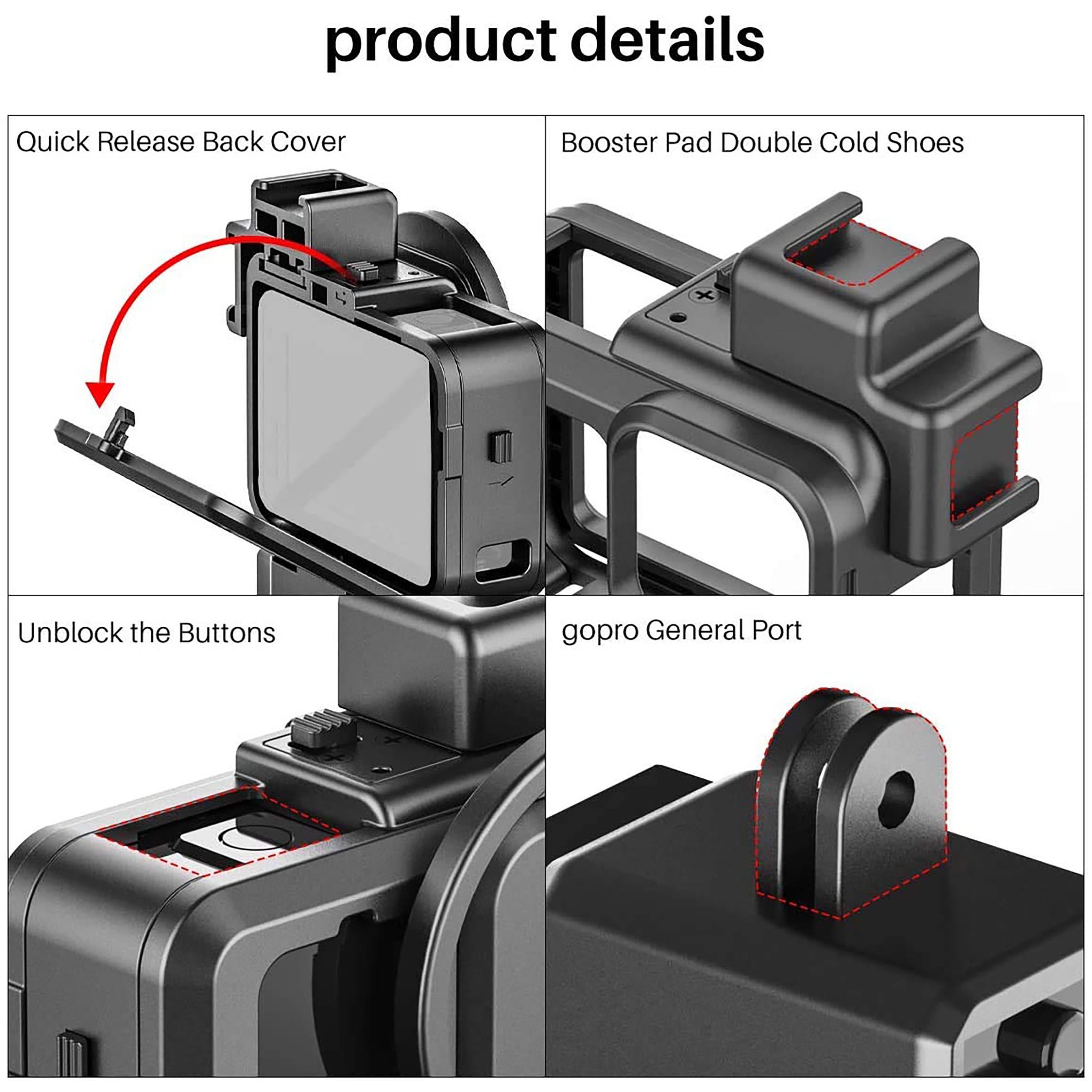 Hiffin Frame Shell For GoPro Hero 9/10/11 & Hero 9-4  (Cold Shoe Mount, Acc H9 & H1, Black)_3
