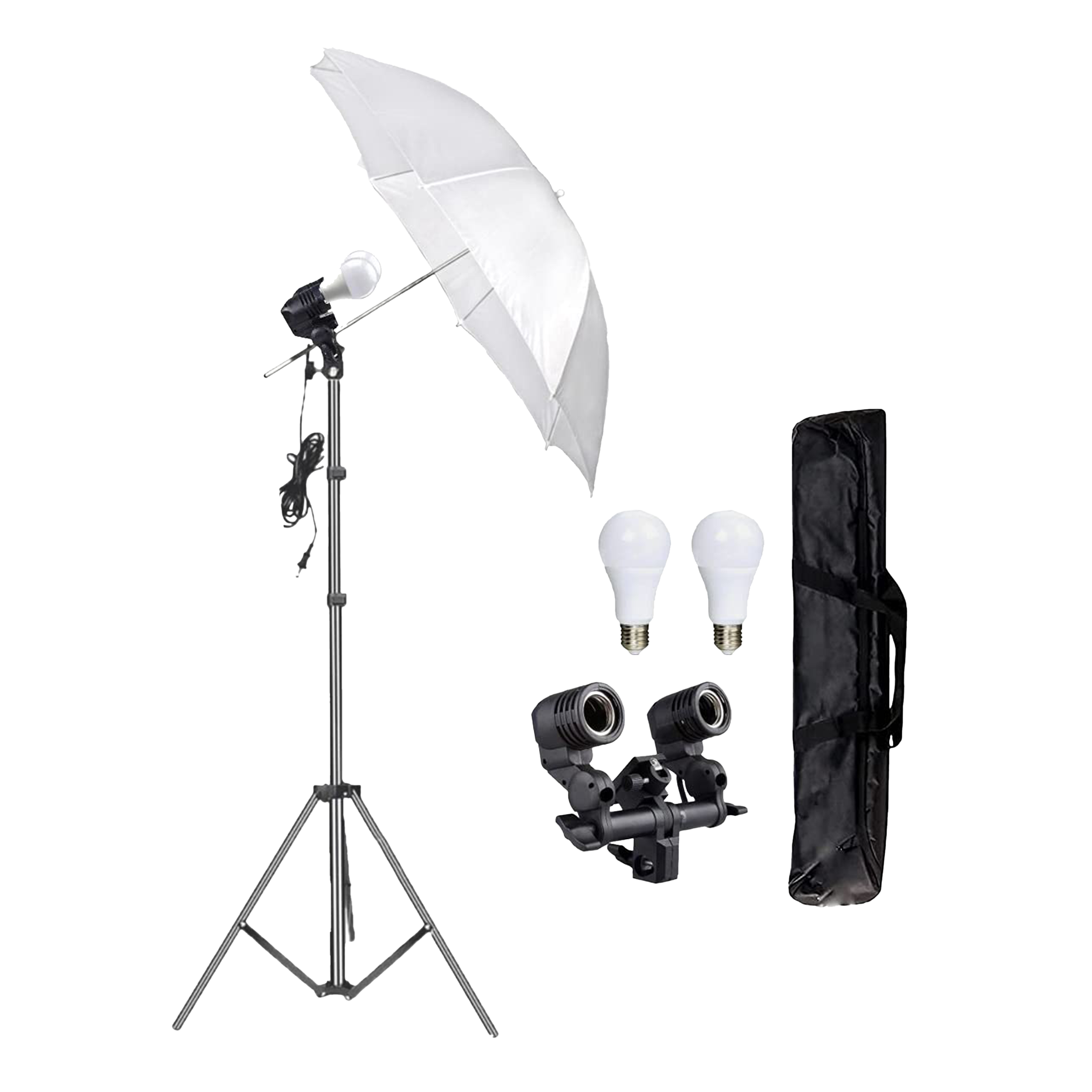 HIFFIN E27 Studio Double Holder KIT with 2 Light Stand 9FT, 2 Umbrella, 4 LED Blub for Photography & Videography (Lightweight & Portable)_1