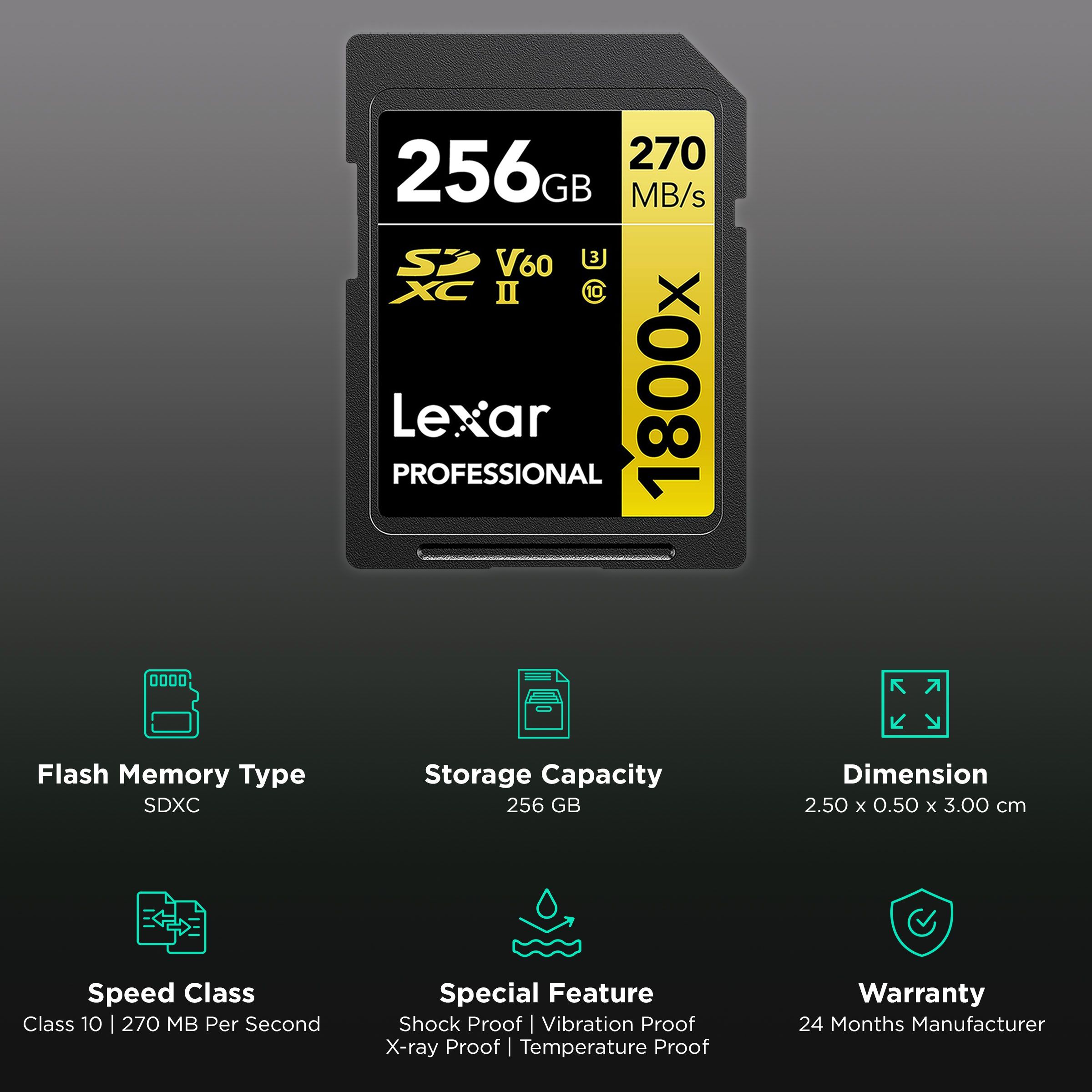 Lexar Professional 1800x GOLD Series SDXC 256GB Class 10 270MB/s Memory Card_3