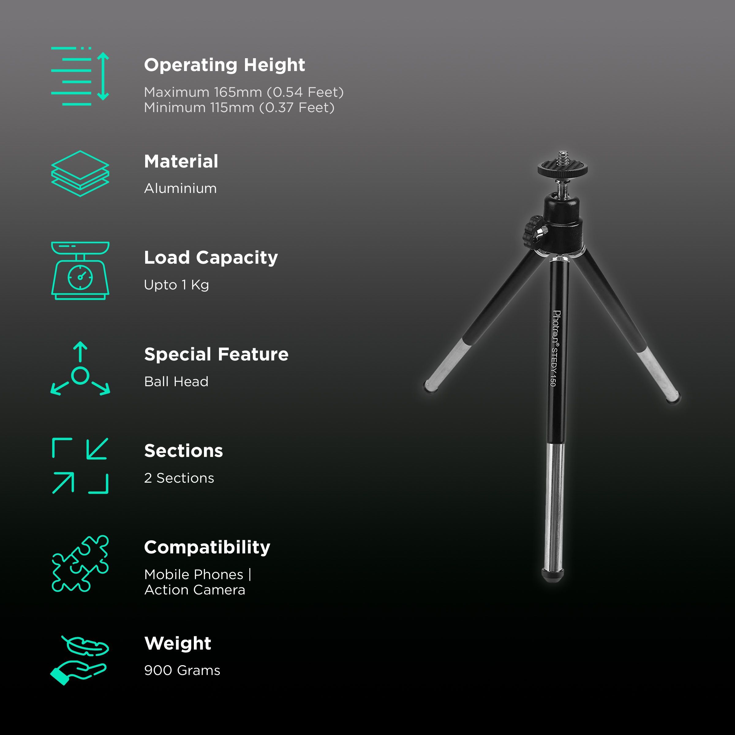 Photron Stedy 150 16.5cm Adjustable Tripod for Mobile and Camera (Ball Head, PH150M, Black)_2
