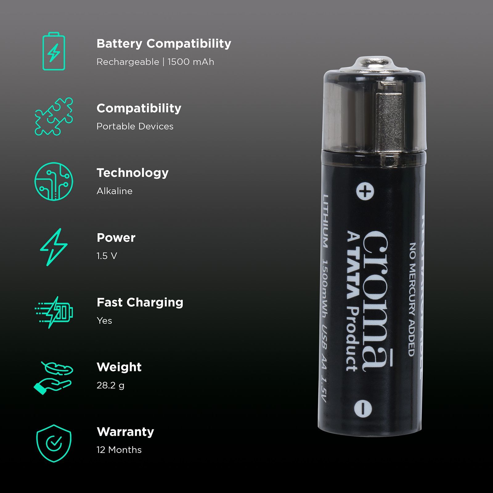 Croma 1500 mAh Alkaline AA Rechargeable Battery (Pack of 2)_2