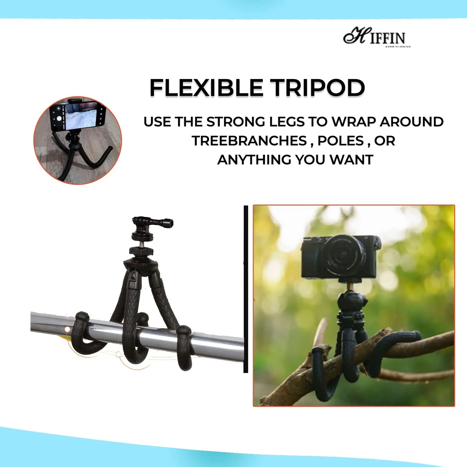 HIFFIN Gorillapod 30.48cm Adjustable Tripod for Mobile and Camera (360 Degree Rotating Ball Head, Black)_6