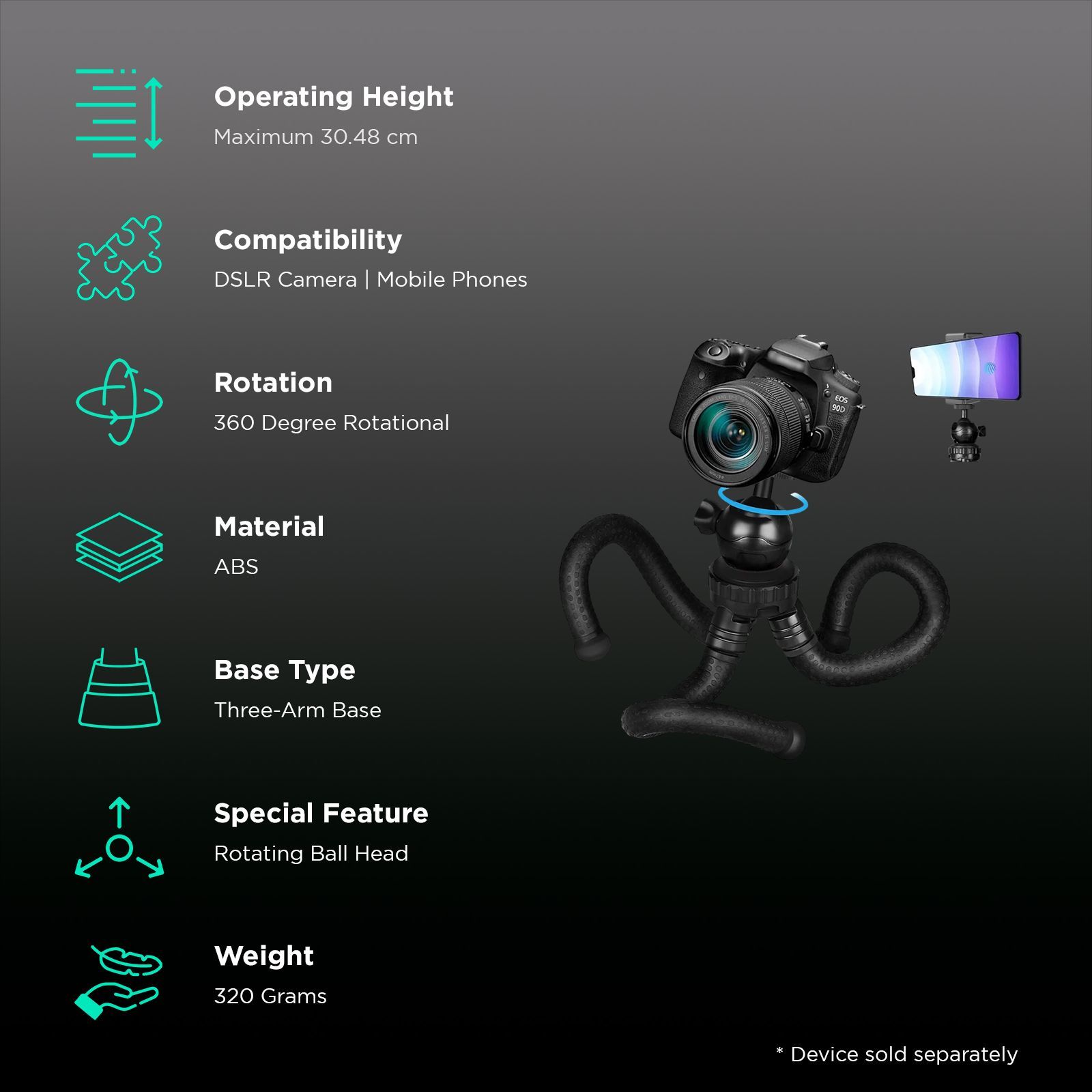 HIFFIN Gorillapod 30.48cm Adjustable Tripod for Mobile and Camera (360 Degree Rotating Ball Head, Black)_2