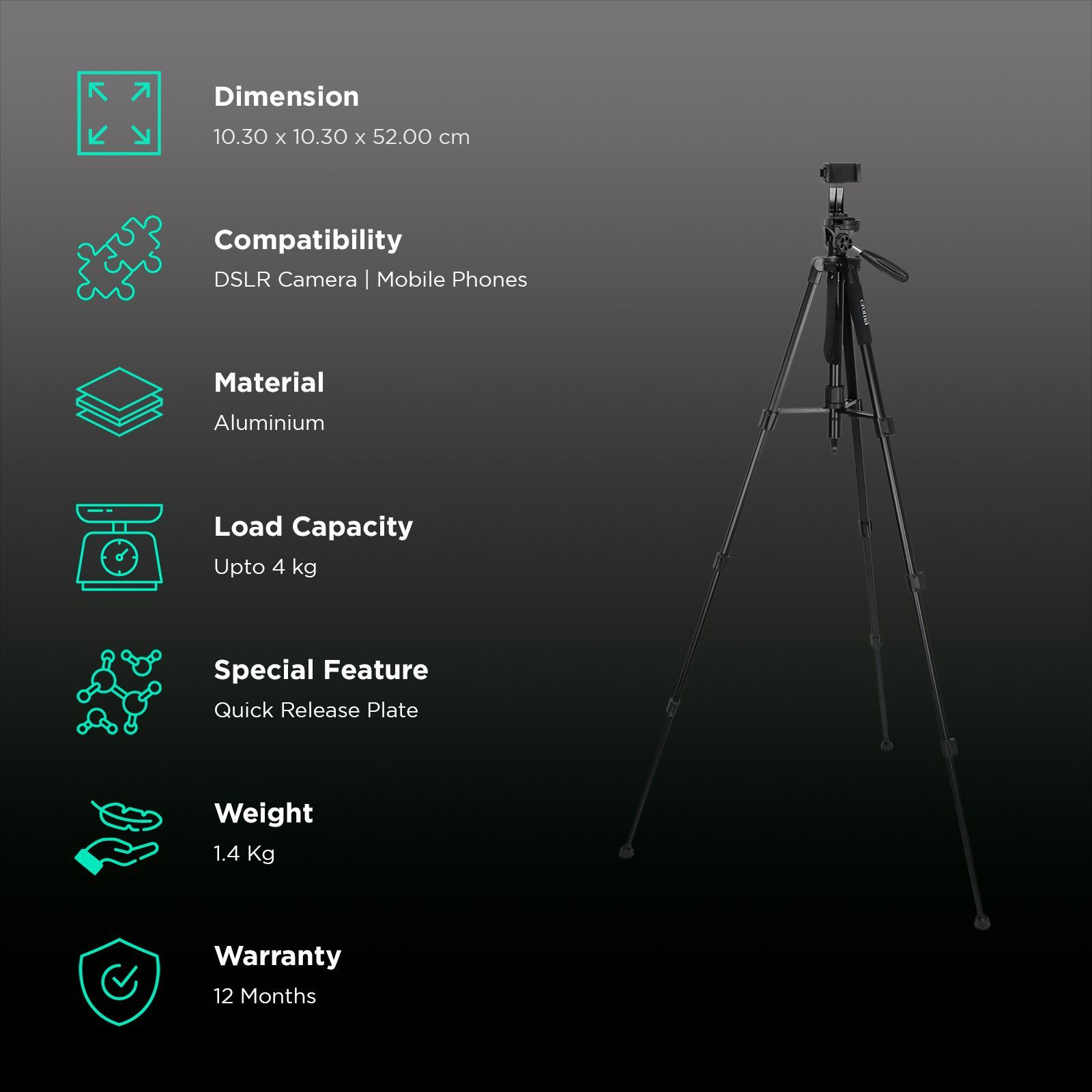 Croma 163cm Adjustable Tripod for Mobile and Camera (4 Section Height Adjustment, Black) Croma 163cm Adjustable Tripod for Mobile and Camera (4 Section Height Adjustment, Black)_2