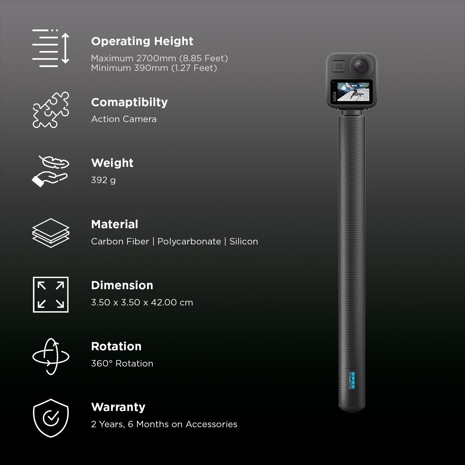 GoPro 9 Feet Extension Pole Finger Mount Adapter for Camera (Invisible-Pole Shots, Black)_3