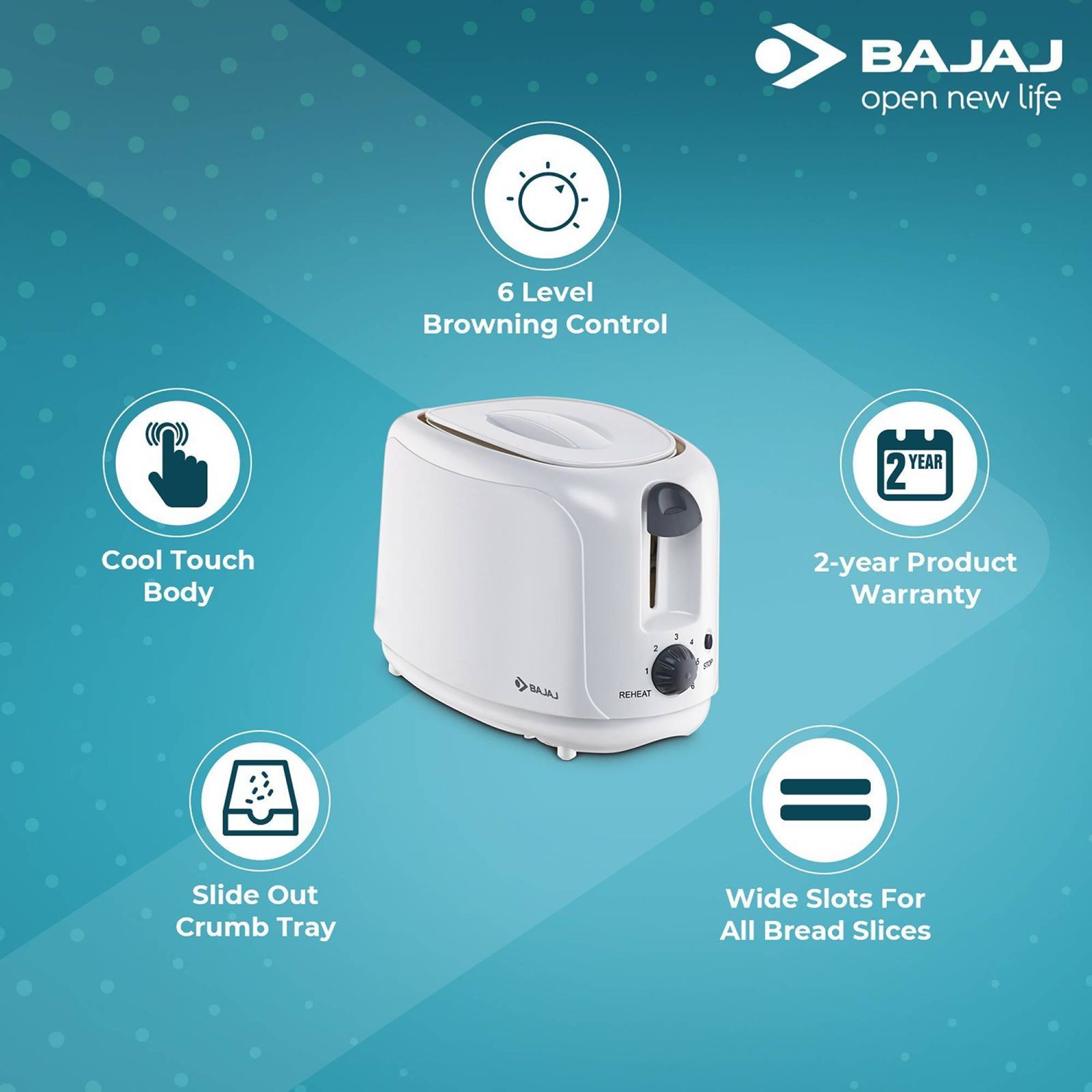 BAJAJ Majesty 750W 2 Slice Pop-Up Toaster with Slide Out Crumb Tray (White) BAJAJ Majesty 750W 2 Slice Pop-Up Toaster with Slide Out Crumb Tray (White)_16