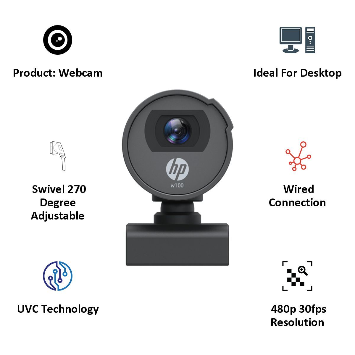 HP w100 Webcam For Desktop (480p Resolution, 1W4W4AA, Black) HP w100 Webcam For Desktop (480p Resolution, 1W4W4AA, Black)_5