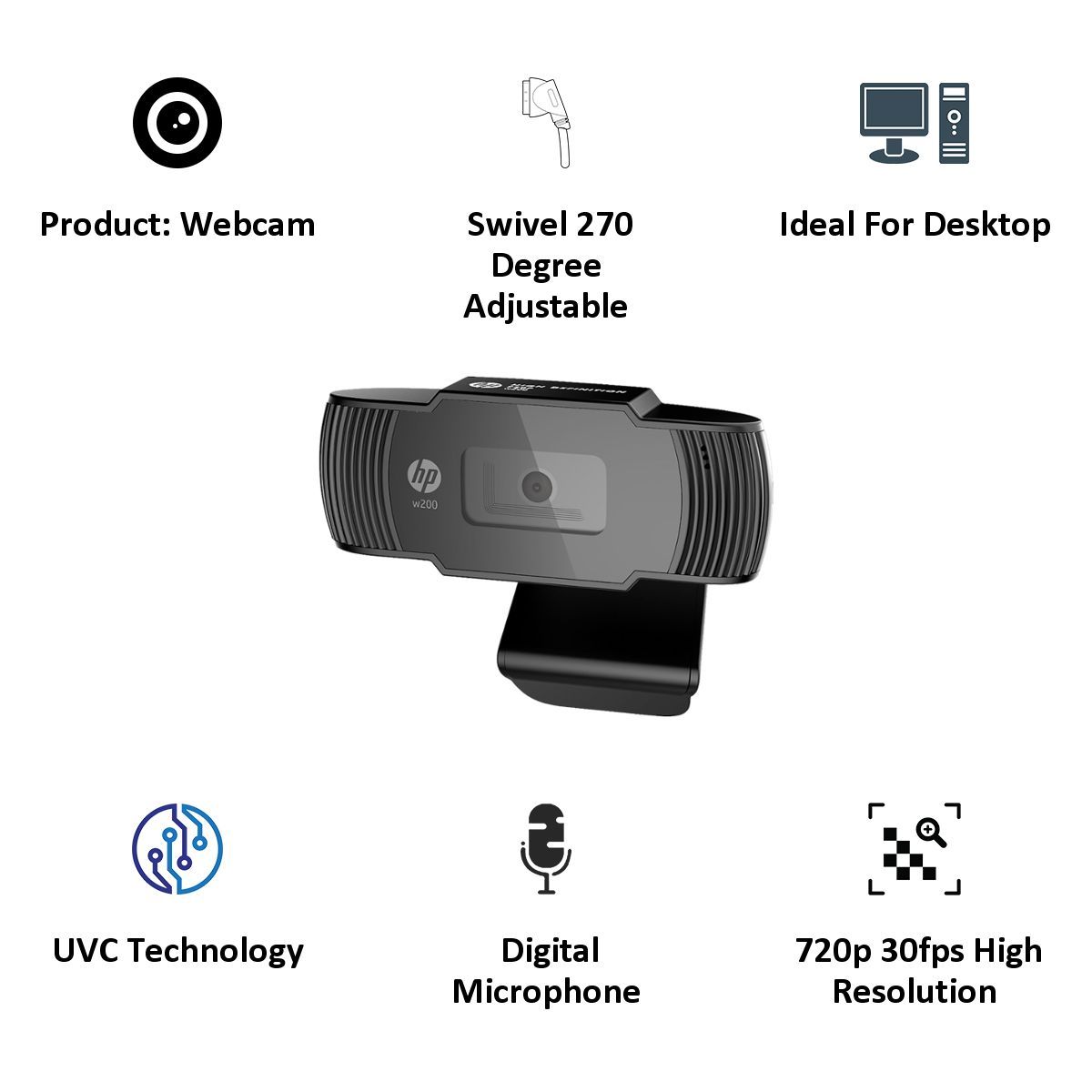 HP w200 Webcam For Desktop (720p Resolution, 20L58AA, Black)_4