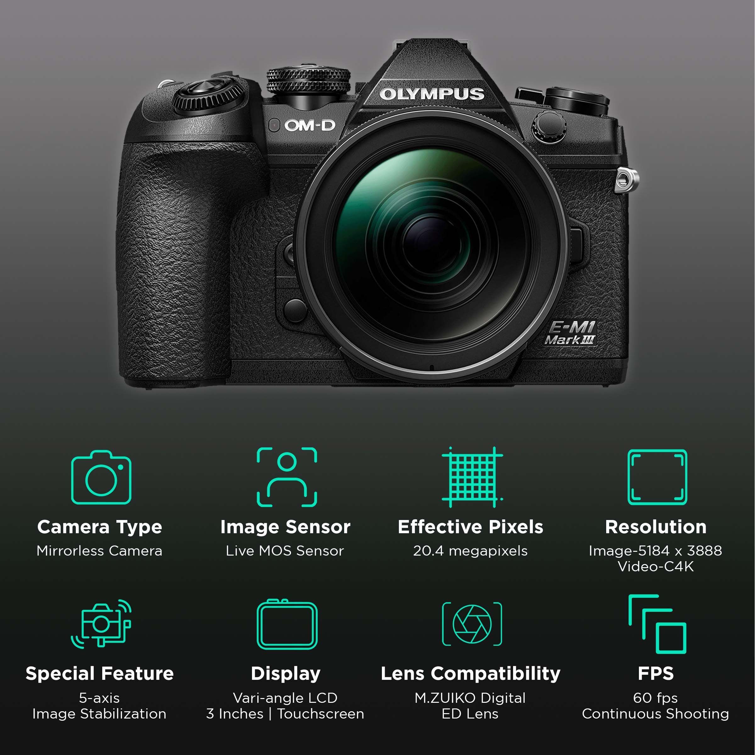 OLYMPUS OM-D E-M1 Mark III 20.4MP Mirrorless Camera (12-40 mm Lens, 17.4 x 13.0 mm Sensor, Tiltable Screen)_2