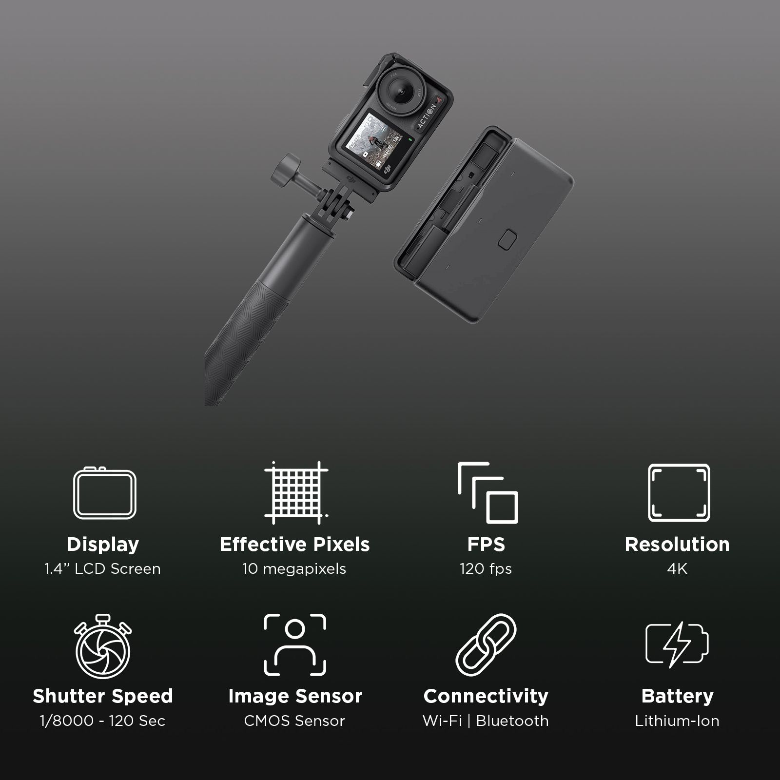 DJI Osmo Action 4 Adventure Combo 4K and 10MP 120 FPS Waterproof Sports Action Camera with CMOS Sensor (Black) DJI Osmo Action 4 Adventure Combo 4K and 10MP 120 FPS Waterproof Sports Action Camera with CMOS Sensor (Black)_2