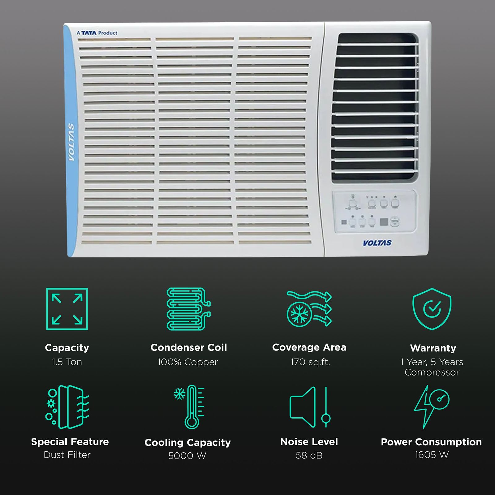 VOLTAS 1.5 Ton 3 Star Window AC (Copper Condenser, Anti Dust Filter, 183 MZE)_2