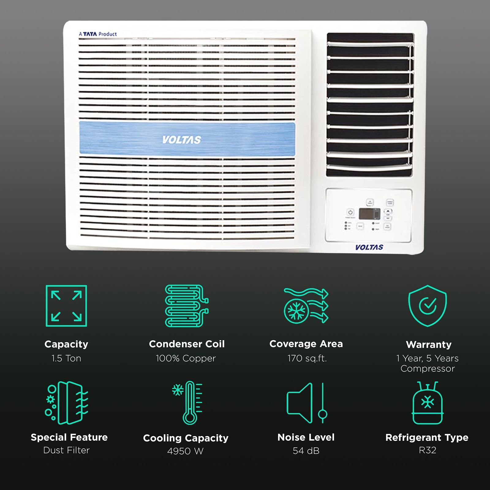VOLTAS 1.5 Ton 5 Star Window AC (Copper Condenser, 185MZJ)_2