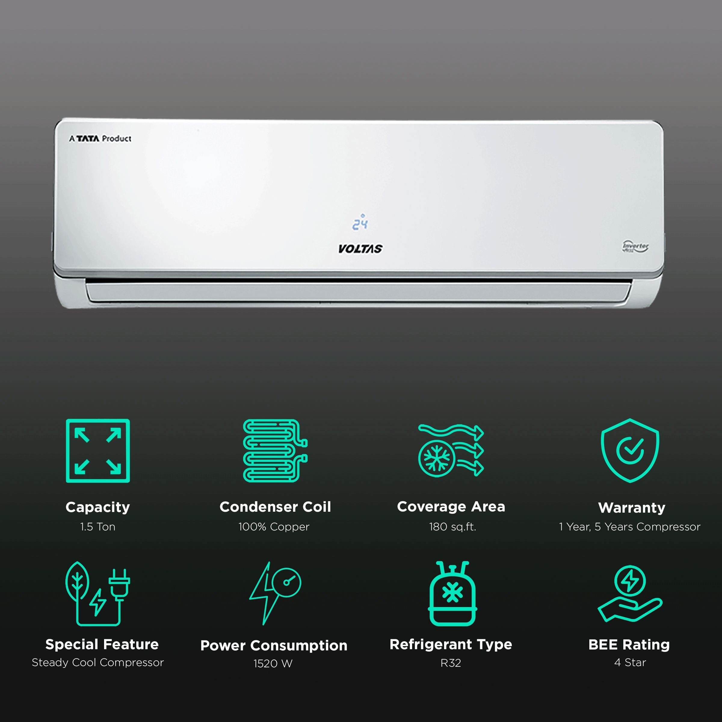 VOLTAS 1.5 Ton 4 Star Inverter Split AC (Copper Condenser, Dust Filter, 184V SZS)_2
