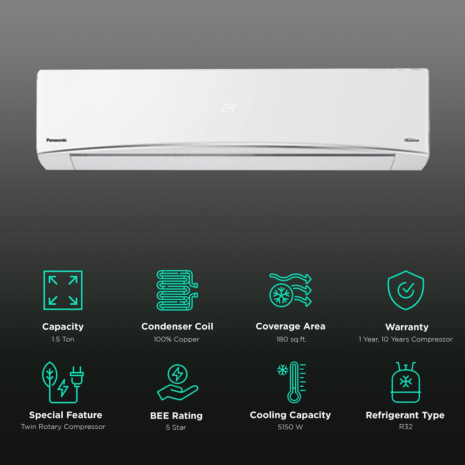 Panasonic Arc 1.5 Ton 5 Star Inverter Split Smart AC with Twin Cooling Technology (Copper Condenser, TU18WKYF)_2