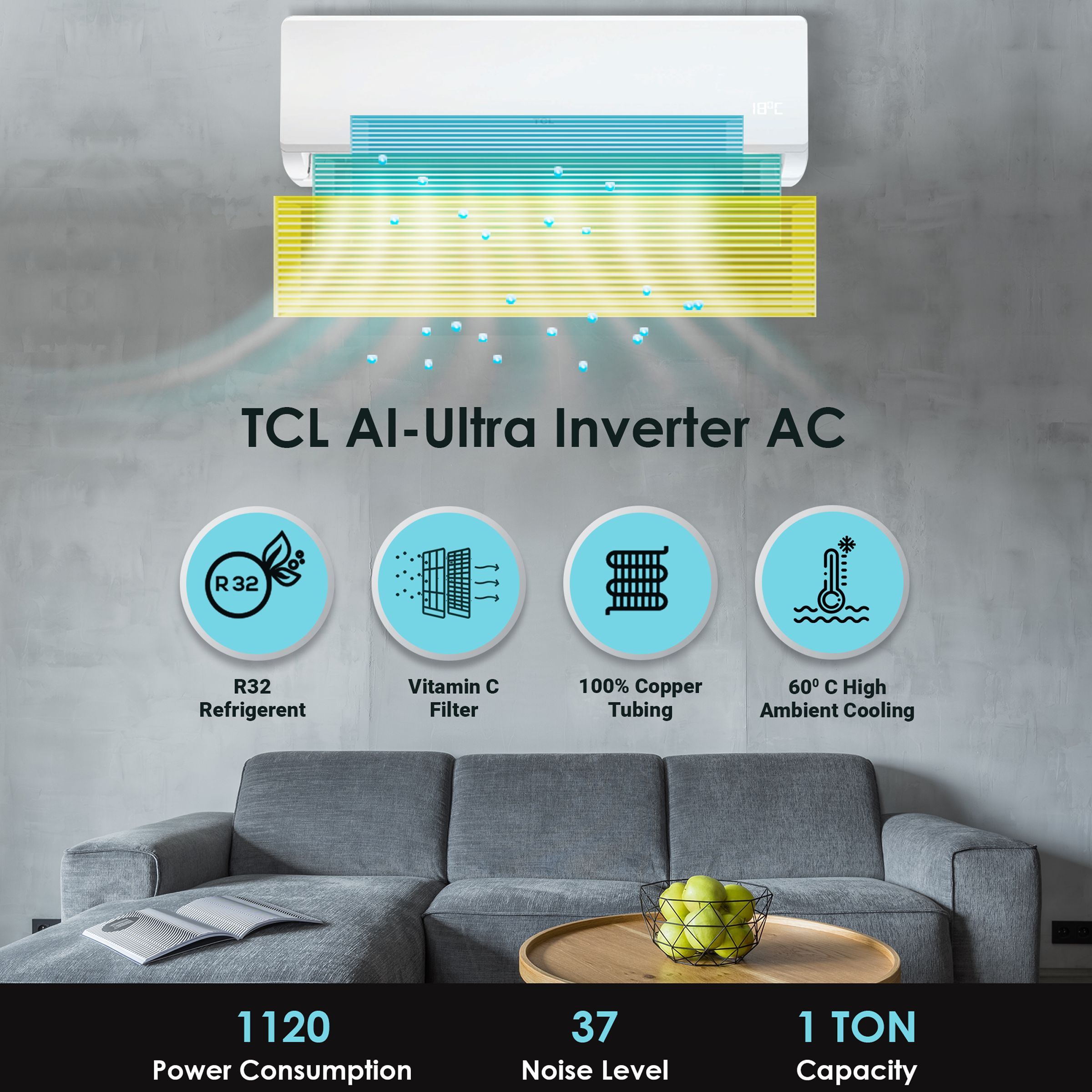 TCL Elite 1 Ton 3 Star Inverter Split AC (2021 Model, Copper Condenser, Vitamin C Filter, 12CSD/EV)_10