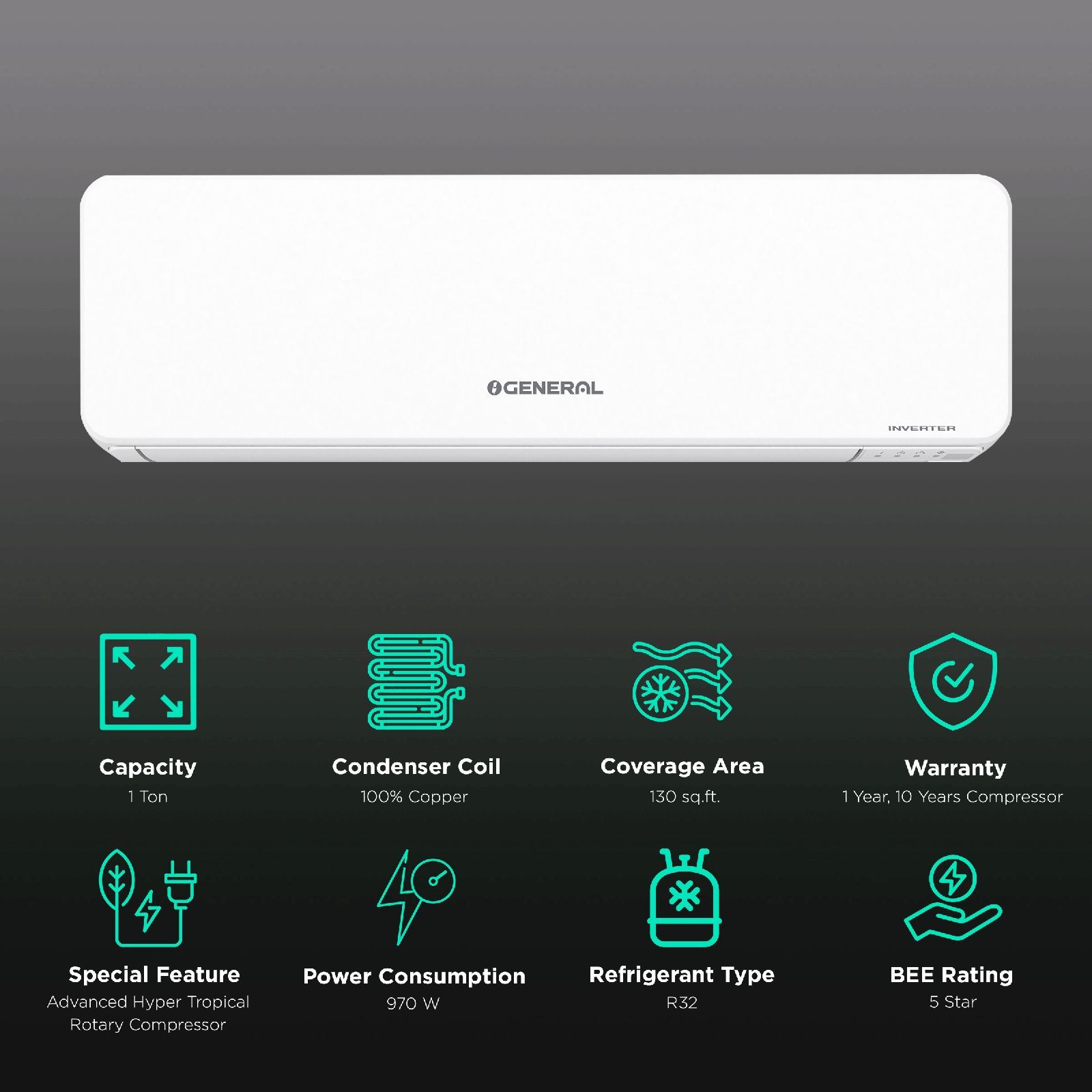 O GENERAL 1 Ton 5 Star Inverter Split AC (Copper Condenser, PM 2.5 Filter, ASGG12CGTB-B) O GENERAL 1 Ton 5 Star Inverter Split AC (Copper Condenser, PM 2.5 Filter, ASGG12CGTB-B)_2