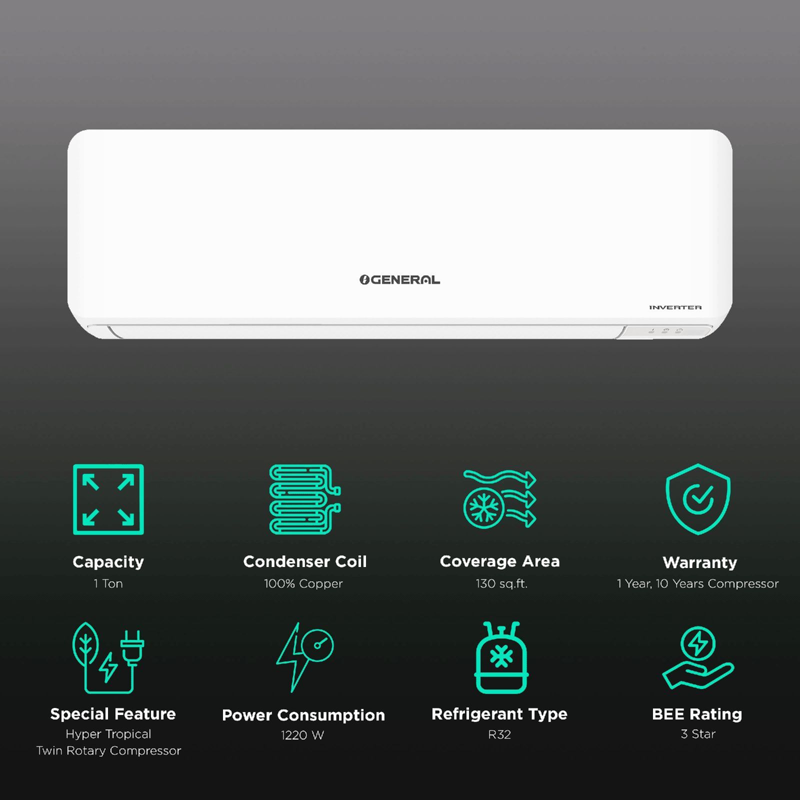 O GENERAL CPT Series 1 Ton 3 Star Inverter Split AC (Copper Condenser, PM 2.5 Filter, ASGG12CPTB-B) O GENERAL CPT Series 1 Ton 3 Star Inverter Split AC (Copper Condenser, PM 2.5 Filter, ASGG12CPTB-B)_2